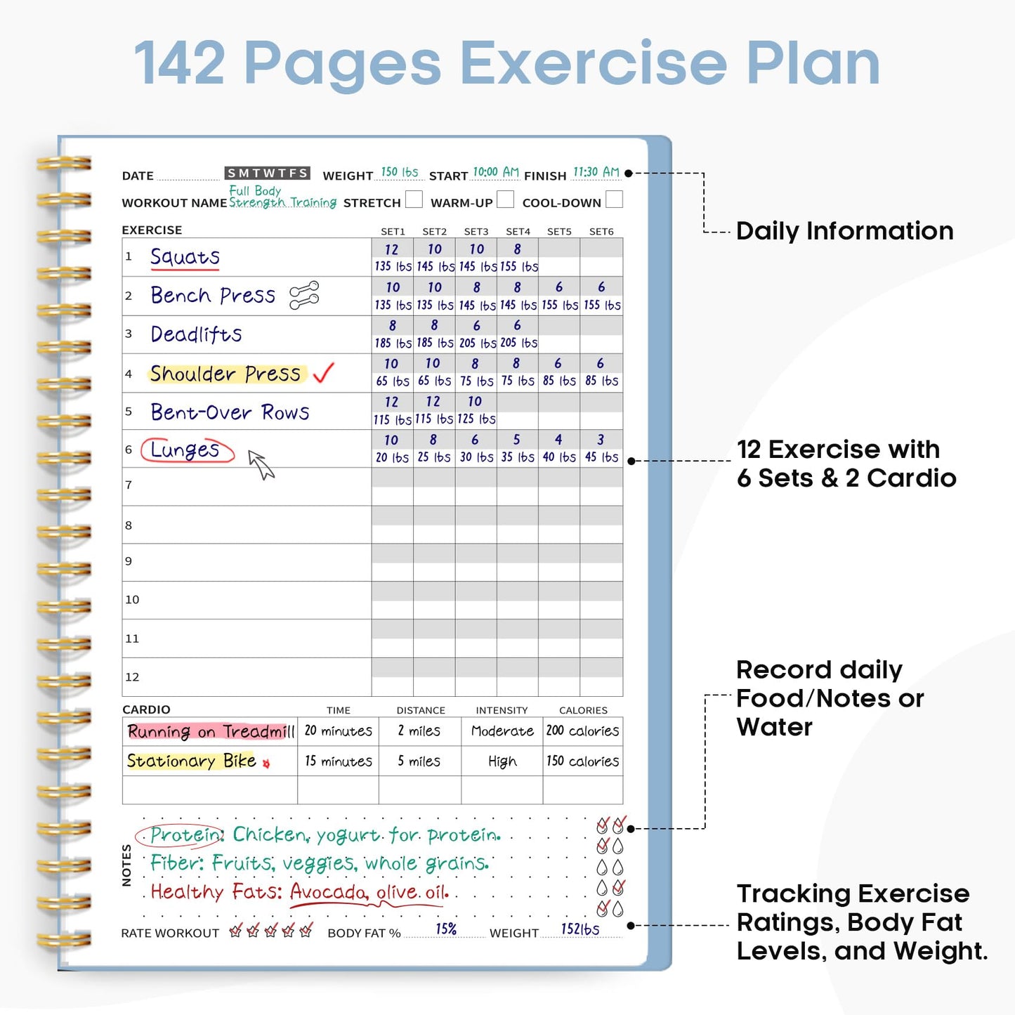 Fitness Workout Journal for Women & Men, A5(5.5" x 8.2") Workout Log Book Planner for Tracking, Progress, and Achieving Your Wellness Goals-Sky Blue