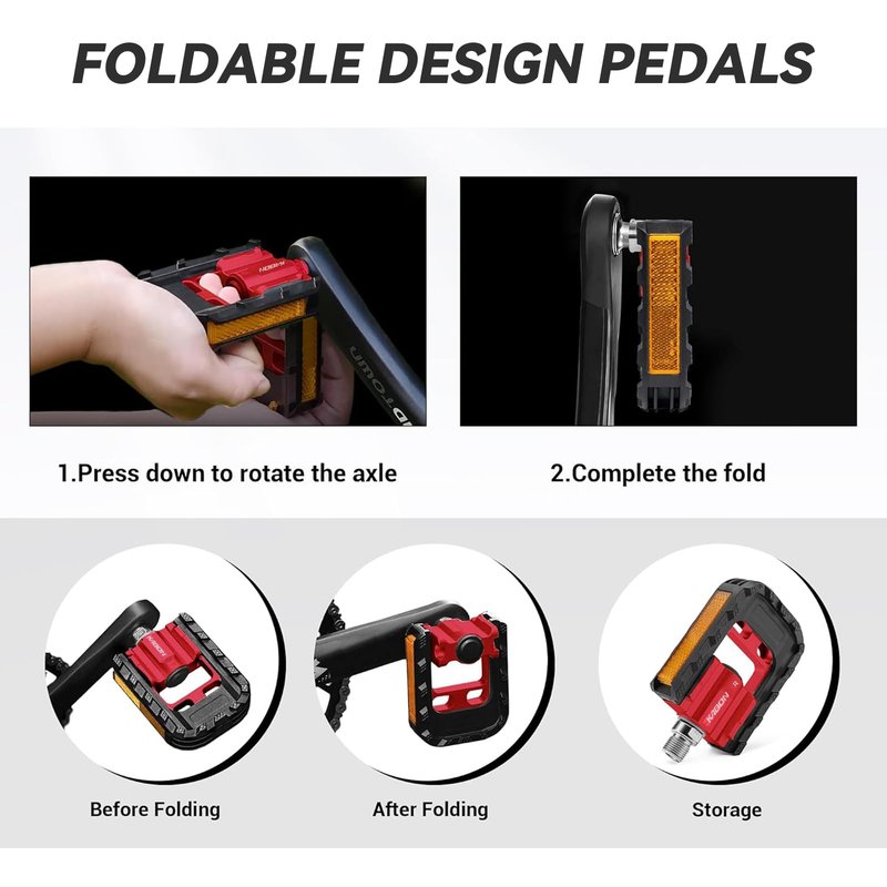 KABON Folding Bike Pedals, Bicycle Foldable Pedals with Aluminum, Universal 9/16 inch Non-Slip Cycling Pedals for Folding Bike, BMX Bike, Road Bike, Mountain Bike MTB (New Red)