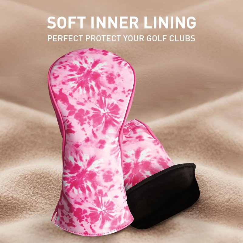 FINGER TEN Golf Club Head Covers for Woods Driver Fairway Hybrid with Interchangeable Number Tag 1 3 5 Premium Leather Headcovers for Women Men (Deep Pink, D+F+H)