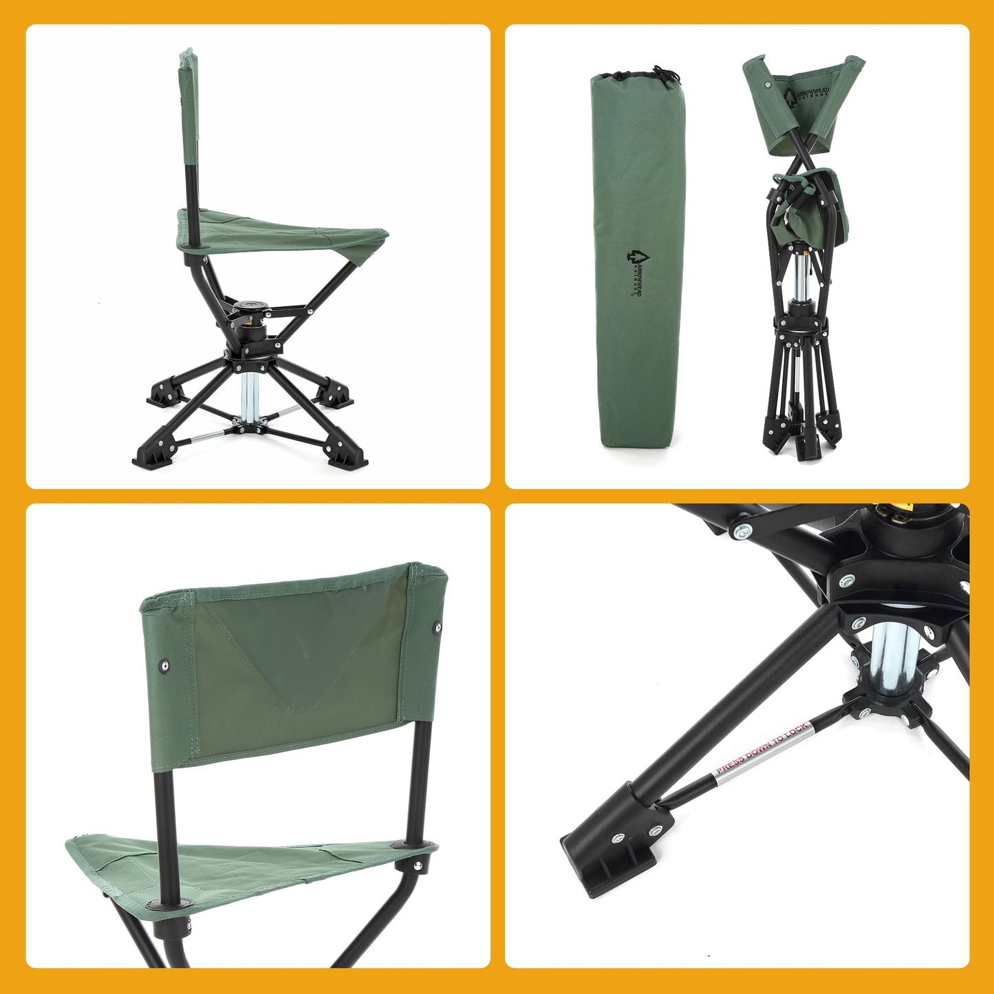 ARROWHEAD OUTDOOR 360° Degree Swivel Hunting Chair Stool Seat, Perfect for Blinds, No Sink Feet, Supports up to 450lbs, Carrying Case, Steel Frame, Fishing, High-Grade 600D Canvas