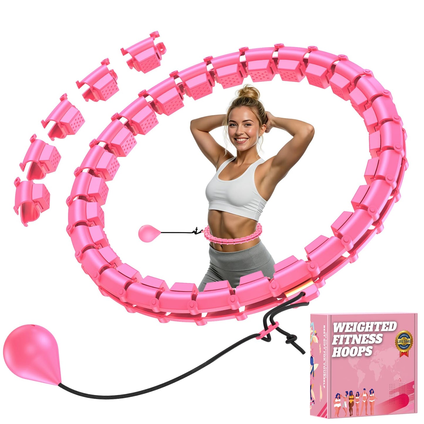 GKYET Quiet Hula Circle Hoops,65 inch 32 Knots Plus Size Hula Infinity Fitness Detachable Hoops. Exercise Hoop Suitable for Beginners - Red