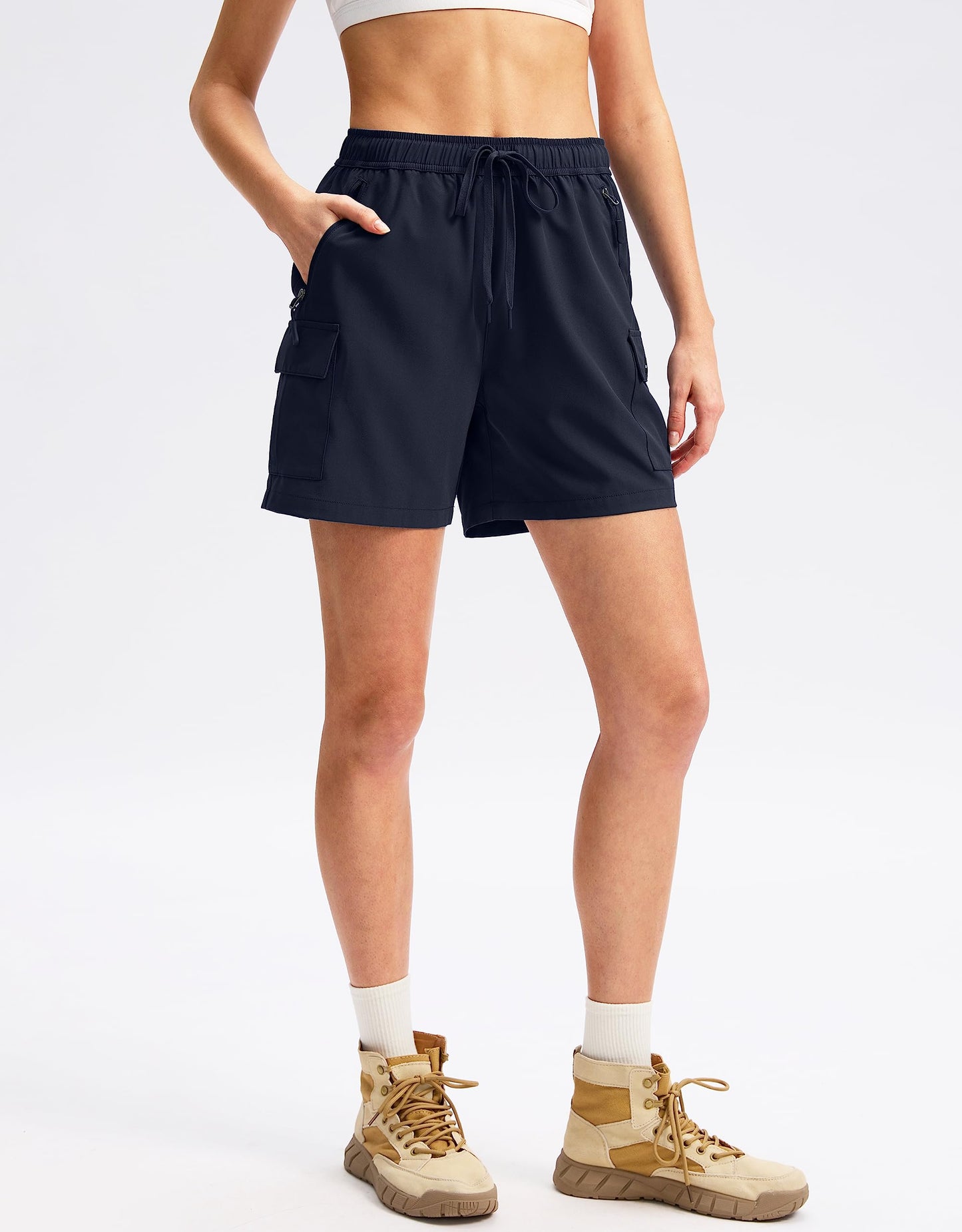 SANTINY Women's 5''/ 7''/9'' Hiking Cargo Shorts Quick Dry Lightweight Summer Shorts for Women Athletic Golf Zipper Pockets(Navy_XL)