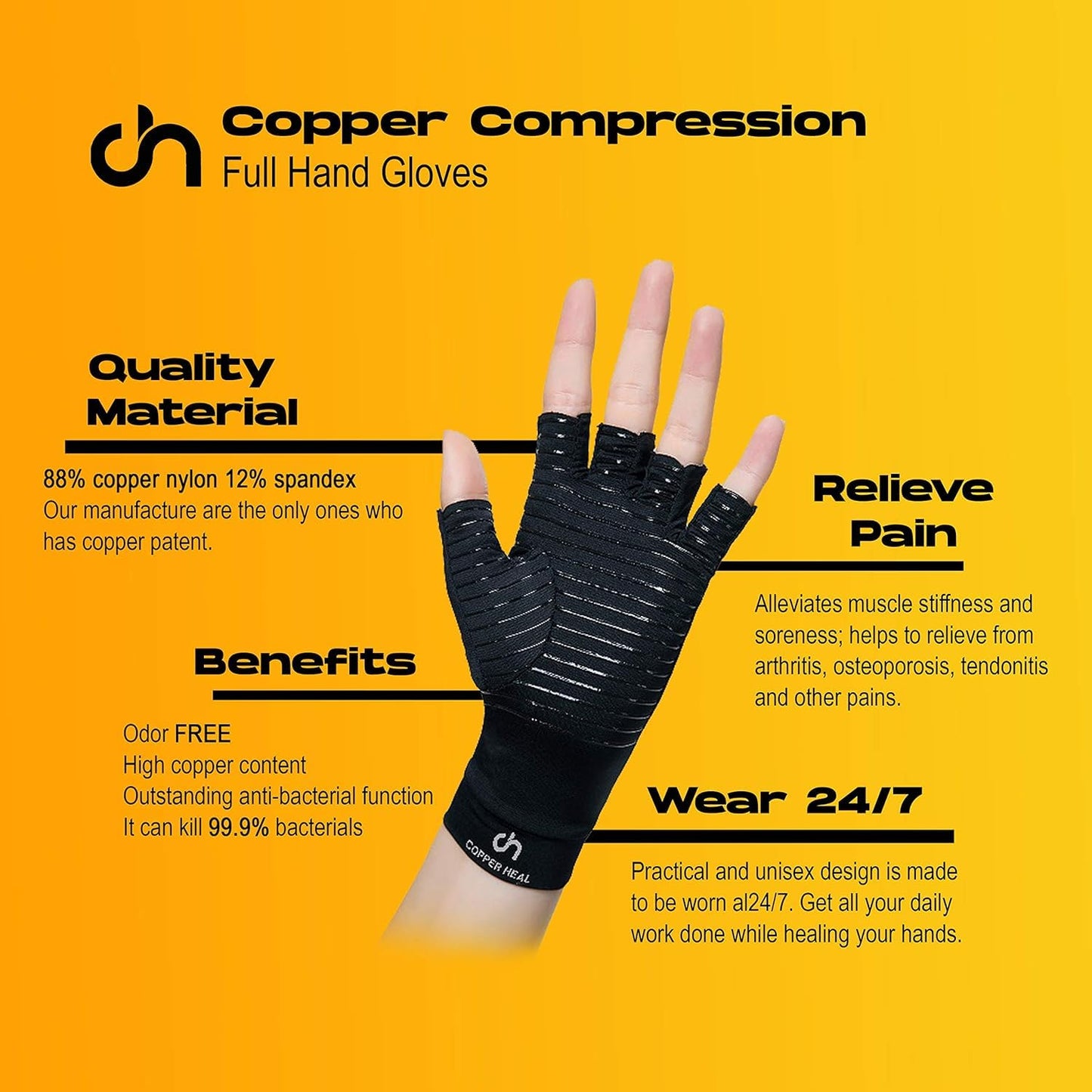COPPER HEAL Arthritis Compression Gloves - (PAIR) Rheumatoid Arthritis Carpal Tunnel RSI Osteoarthritis & Tendonitis Open Finger