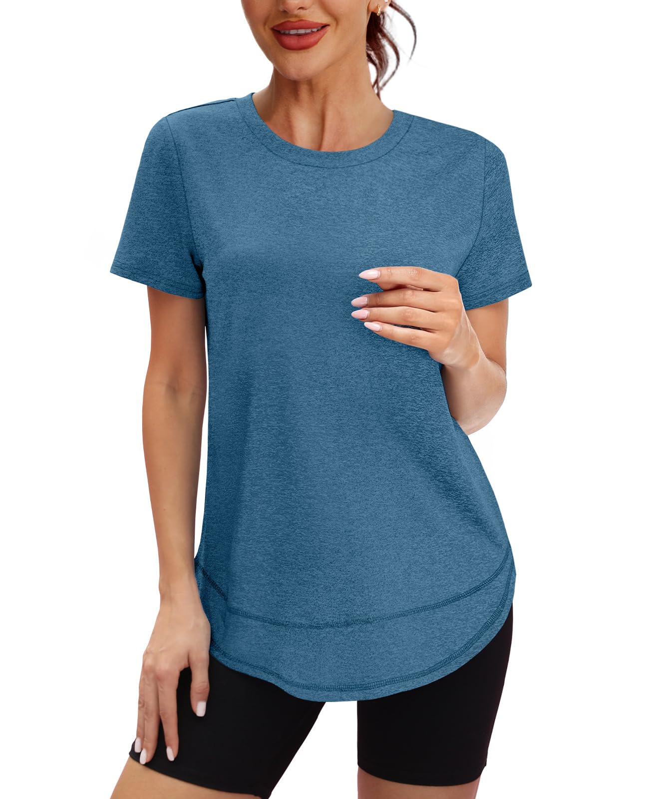 Workout Tops for Women Spring Summer Short Sleeve Golf Outfits Gym Essentials Activewear Running Shirts Blue Green S