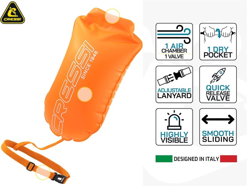 Cressi Glide High Visibility Safety Buoy for Swimmers - Lightweight & Easy Setup | Bright Orange Color