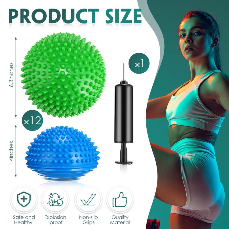 Hungdao 12 Pack Balance Pods Stability Balance Trainer Dots with Needle Pump Half Spiky Fitness Ball Domes for Men Women Stability Training, Physical Therapy, Core Strength Gymnastics Home Exercise