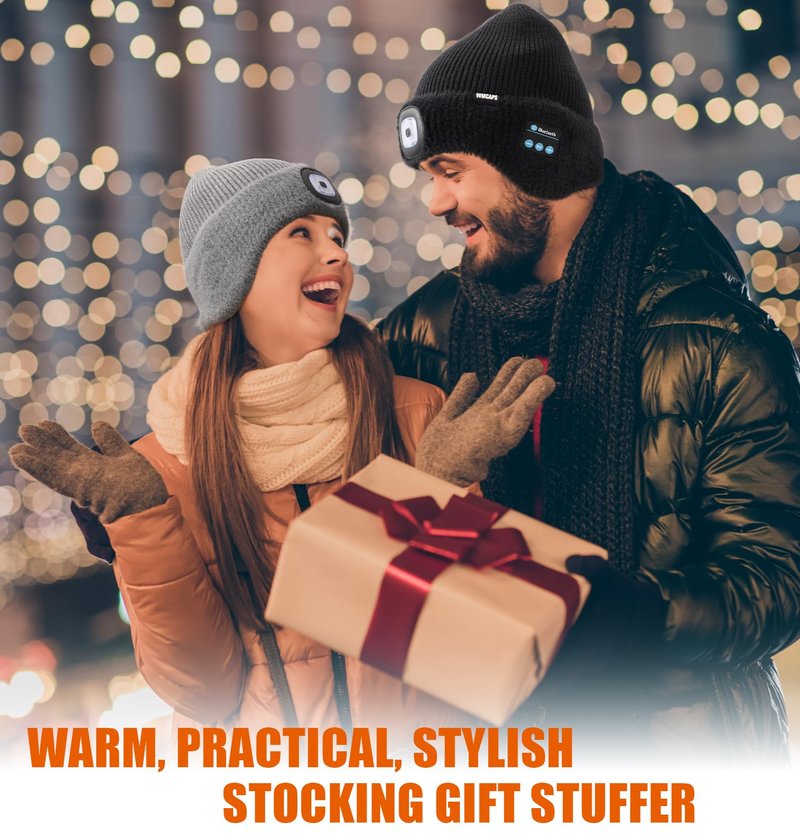 Wmcaps Warm Fleece Lined Bluetooth LED Beanie with Earflap Winter Hat with Light and Headphones Speaker Mic, Gifts for Men Black