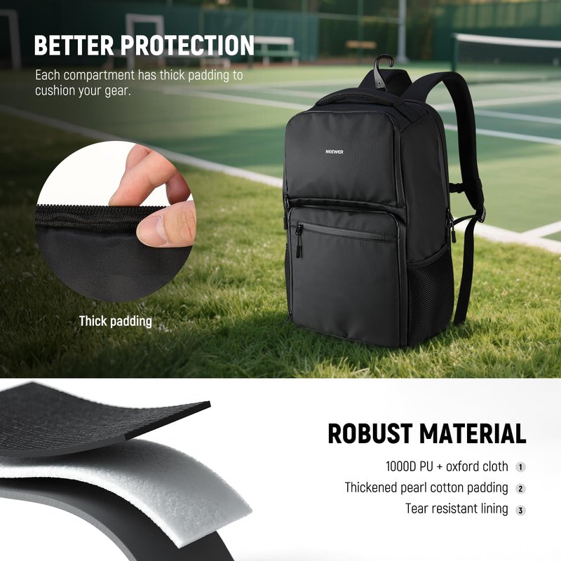 NEEWER Pickleball Bag for Men/Women, Holds 4-10 Paddles/6 Pickle Balls/Size 16 Shoes, Water Resistant Accessories Backpack with Shoe Compartment, Fence Hook, Side Pockets, Rubber Feet, PB01B