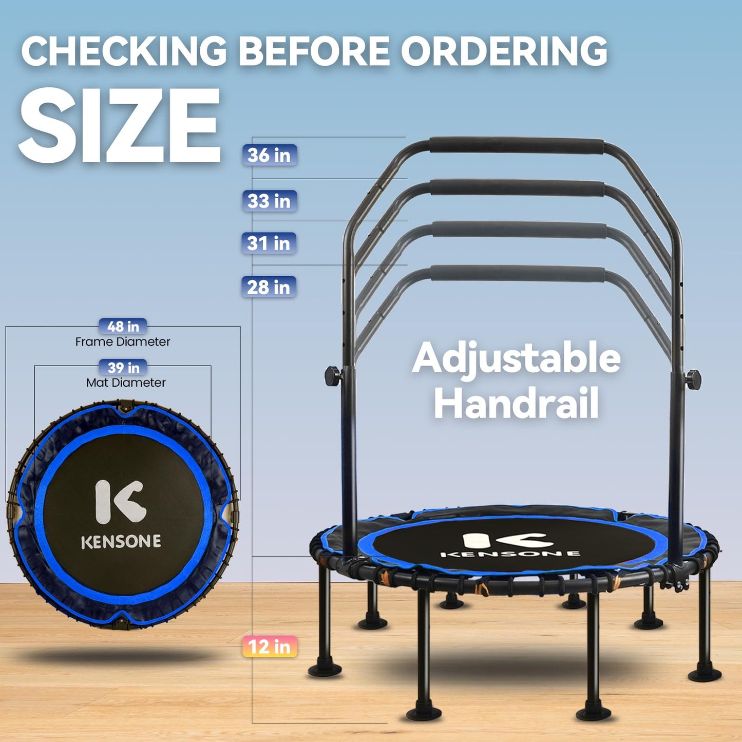 K KENSONE 48" Foldable Rebounder Trampoline for Adults with Bungee, 550 LBS Quiet Indoor Mini Trampoline for Adults Fitness with Adjustable U-Shaped Handle Bar for Gym Workout, Home Exercise, Blue