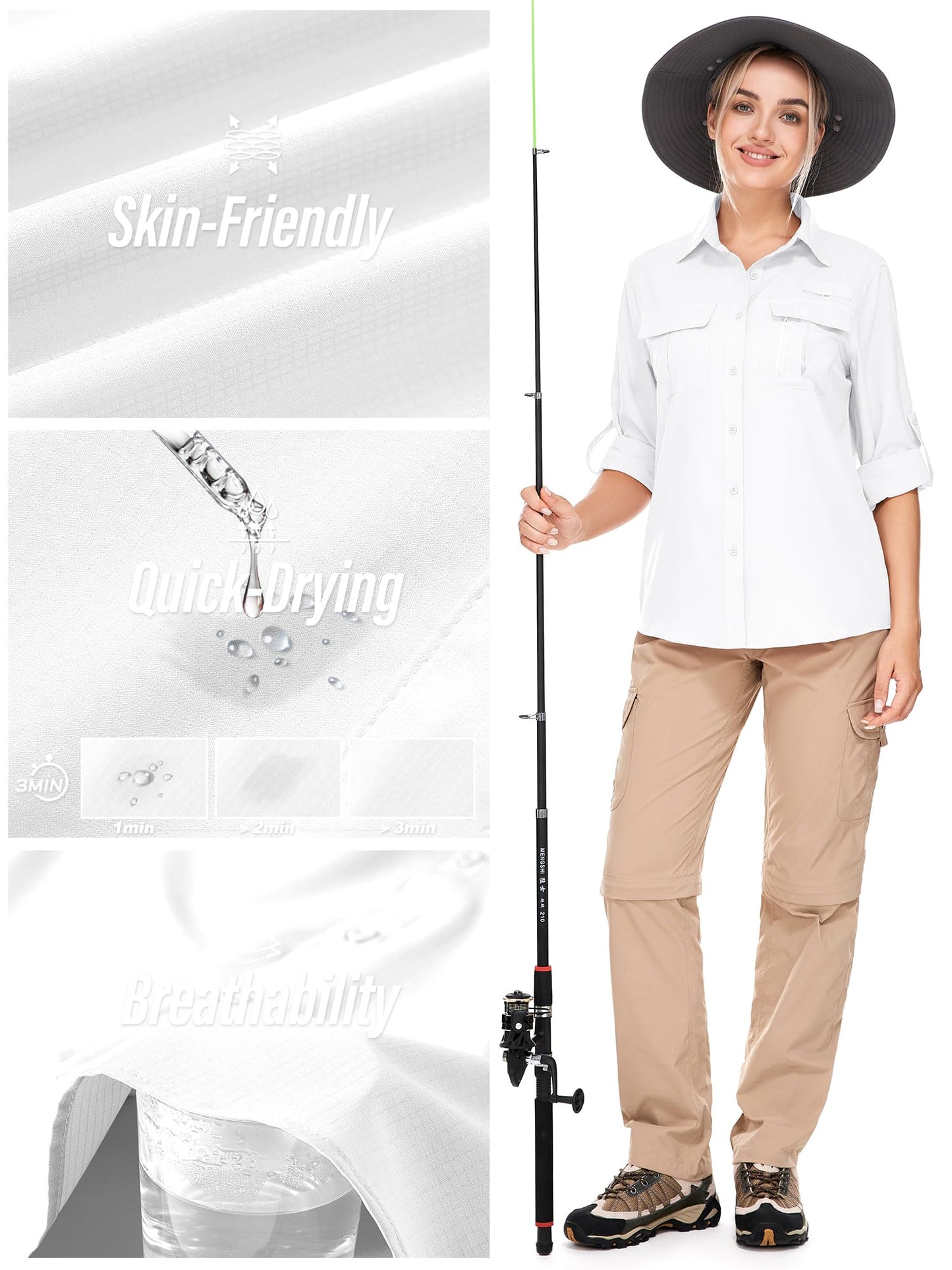 Toumett Women's UPF 50 Long Sleeve UV Sun Protection Safari Shirts Outdoor Quick Dry Fishing Hiking Travel Shirts(White01,M,5071)