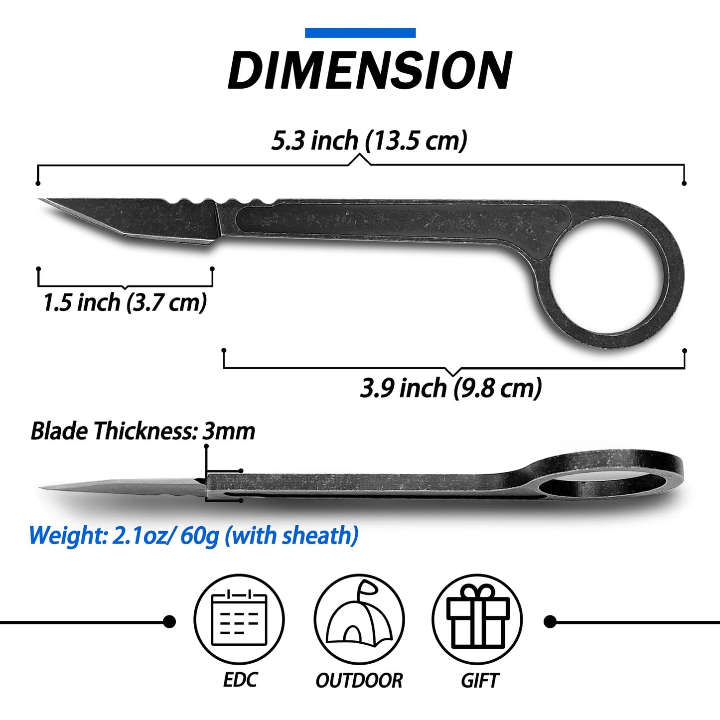 LFHC Stonewash D2 Steel Fixed Blade Knife with Kydex Sheath, 5.3 Inch Sharp Small Utility EDC Knives, Outdoor Survival Camping Fishing Hunting Knife Cutting Tool, Best Gifts for Men