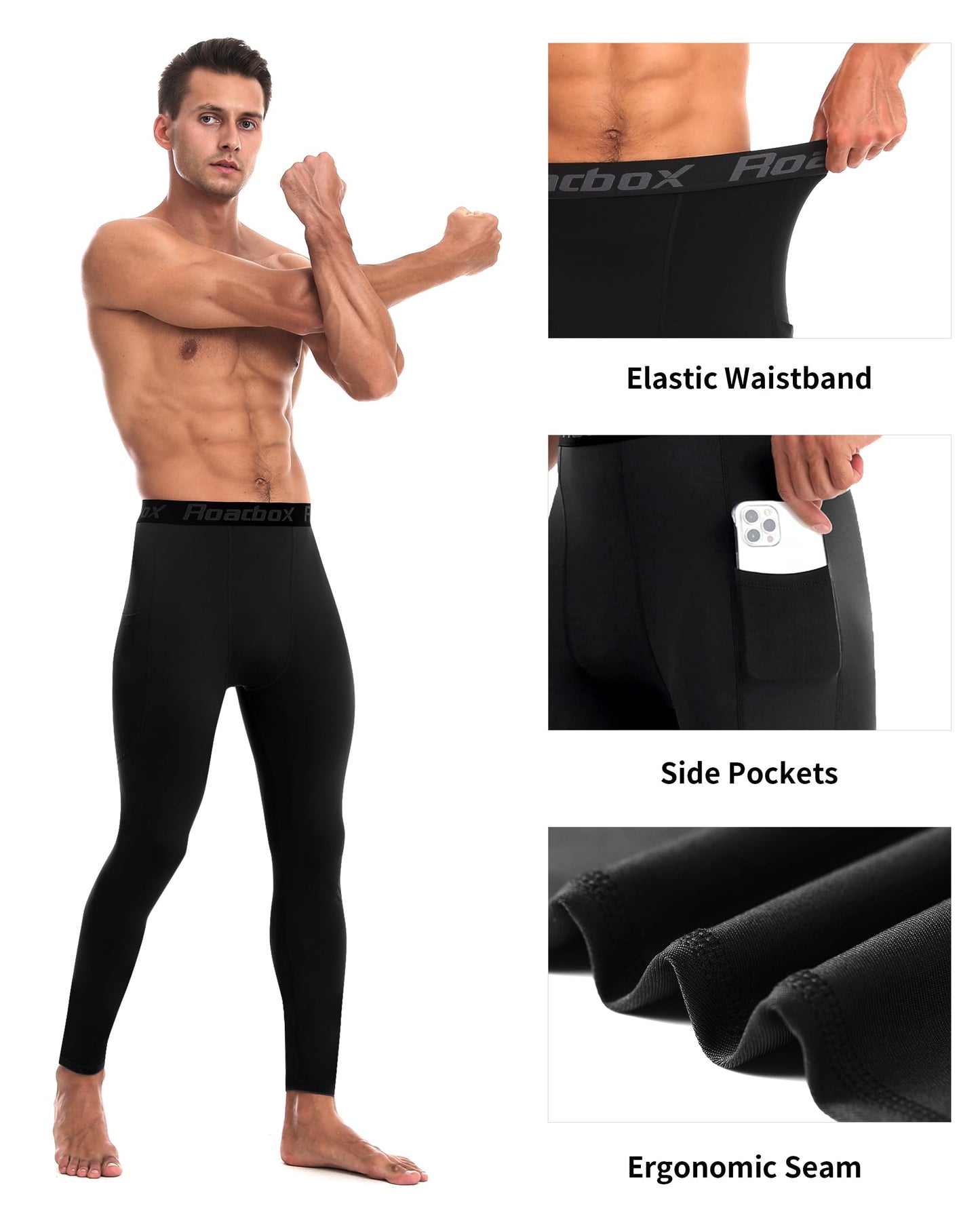 Roadbox Athletic Mens' Thermal Leggings Warm Compression Pant Fleece-Lined Baselayer Tights for Basketball Cycling Gym Winter