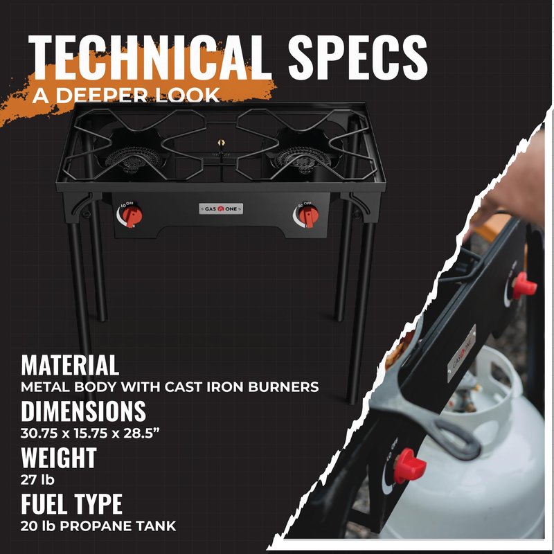 Gas One B-4545A Propane Double Burner Two Burner Camp Stove Outdoor High Pressure Propane 2 Burner Adjustable PSI Regulator and 4ft Hose With Removable Legs