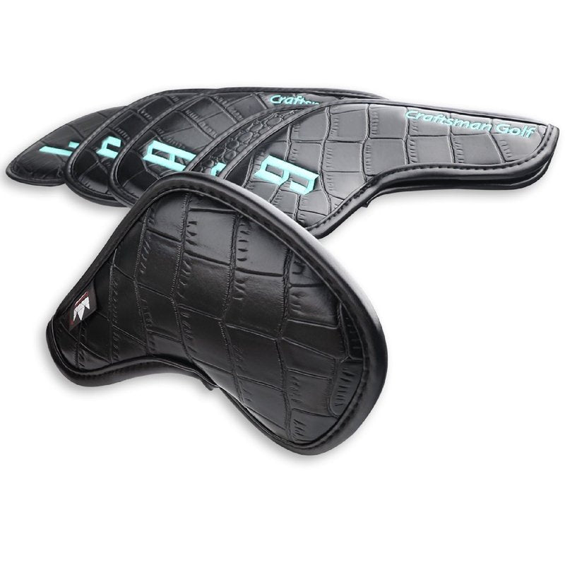 Craftsman Golf Crocodile Pattern Black 11pcs/Set Iron Headcover Set w/Large No. Magic Tape Closure (Black)