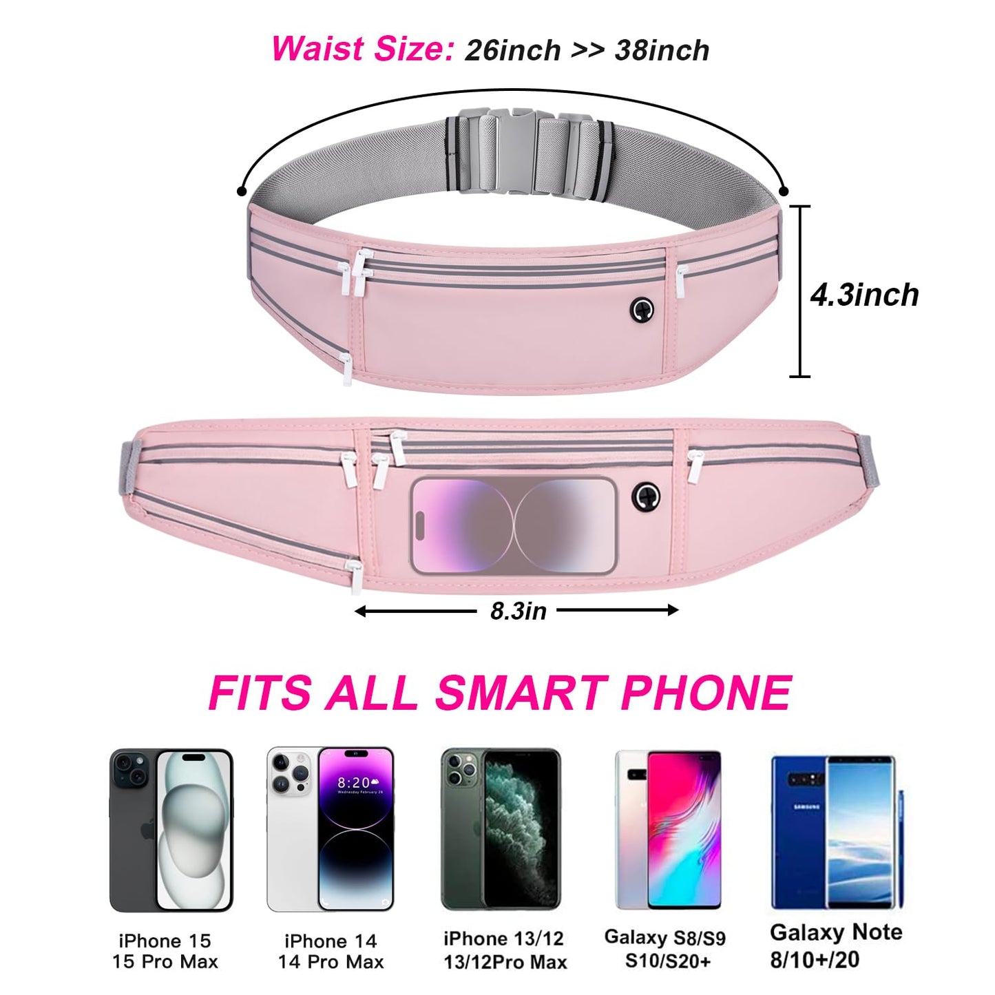 JUCURRI Slim Running Belt for Women Men,Runners Fanny Pack Phone Holder,Money Belt,Running Gear Accessories,with 3 Pockets (Jet Pink)