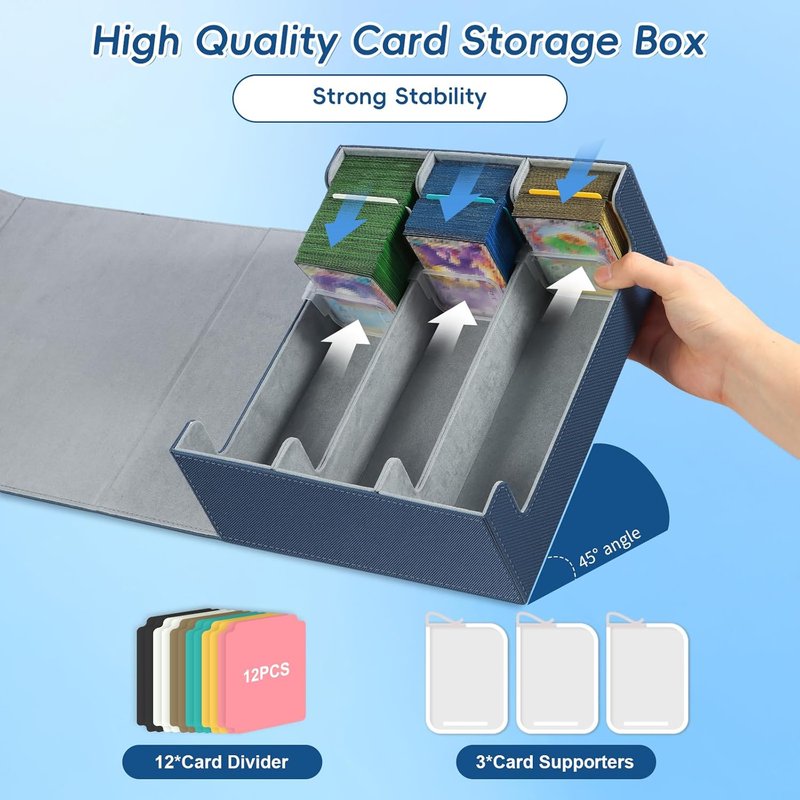 Card Storage Box - 1800+ PU Leather Trading Card Holder with 12 Dividers & Magnetic Closure | Fits YuGiOh, MTG, Sports Cards (Blue, 3-Row)