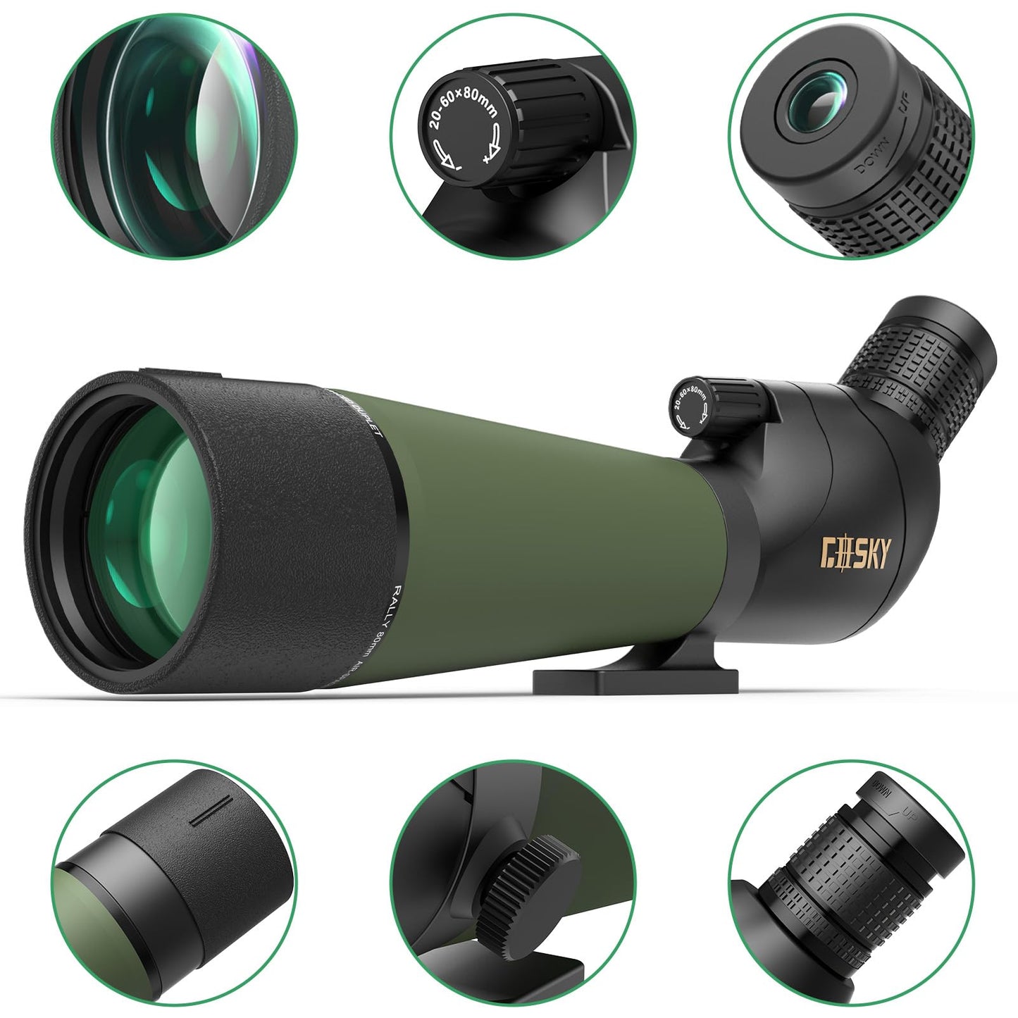 Gosky Updated 20-60x80 Spotting Scopes with Tripod, Carrying Bag and Quick Phone Holder - BAK4 High Definition Waterproof Spotter Scope for Bird Watching Wildlife Scenery1,Green