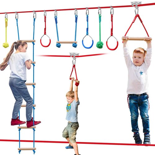 Ninja Warrior Obstacle Course for Kids，60ft Ninja Slackline-with 8 Pcs Accessories,Tree Protector & Carry Bag Ninja Course for Kids Outside-Backyard Zip Line for Kids