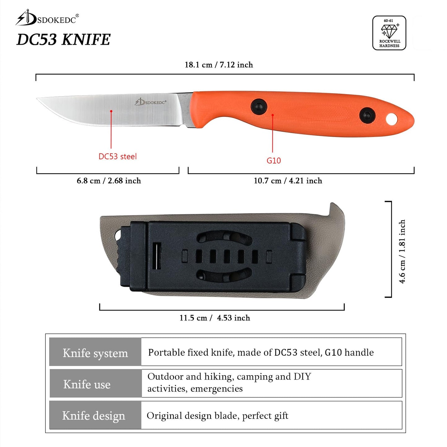 SDOKEDC Knives DC53 Steel Tactical Fixed Blade Knife with kydex sheath for Men EDC Outdoor Camping Survival Hunting (Orange handle)