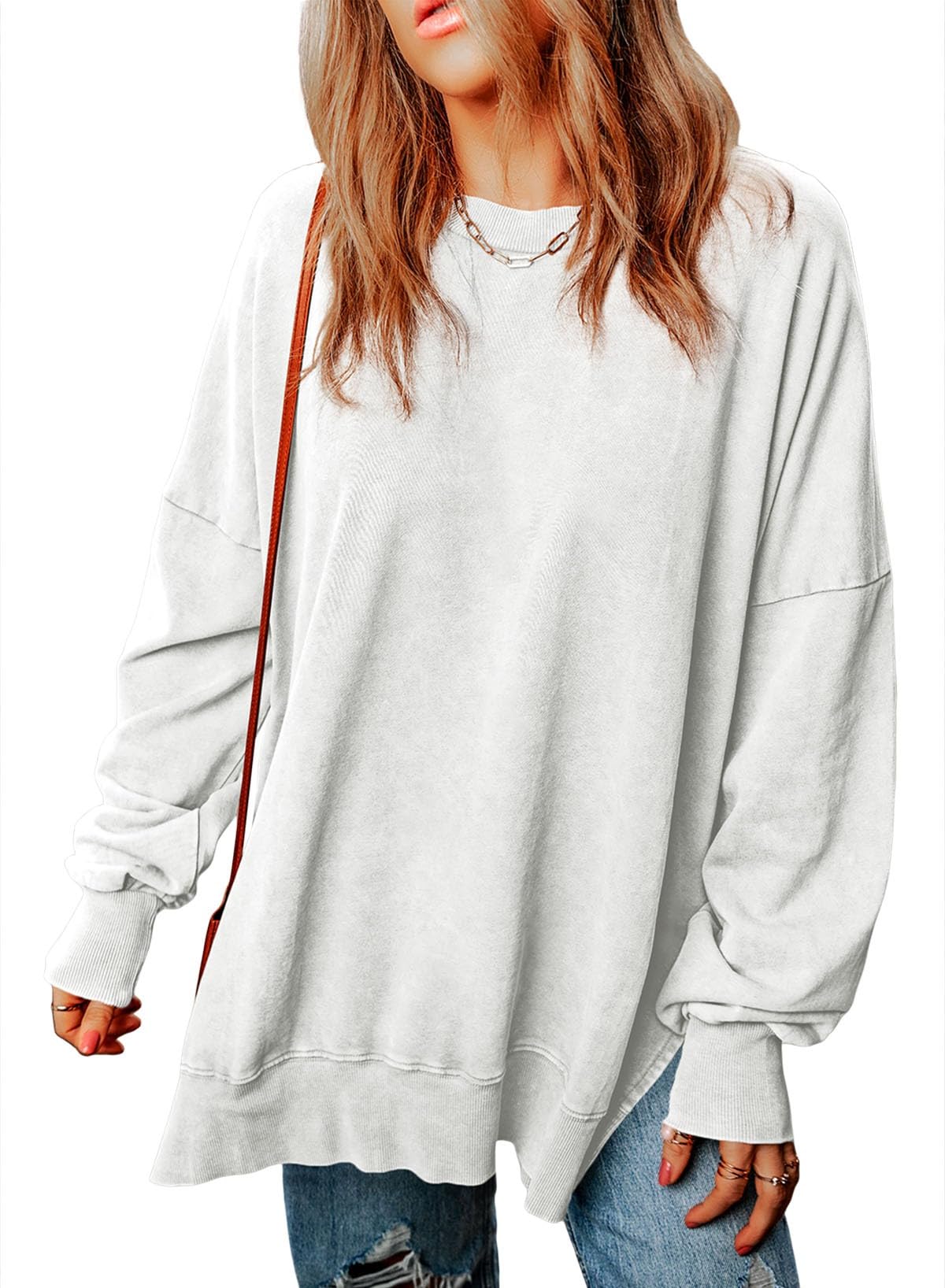SHEWIN Women Fall Sweatshirt Oversized Pullover Tops White, Size M