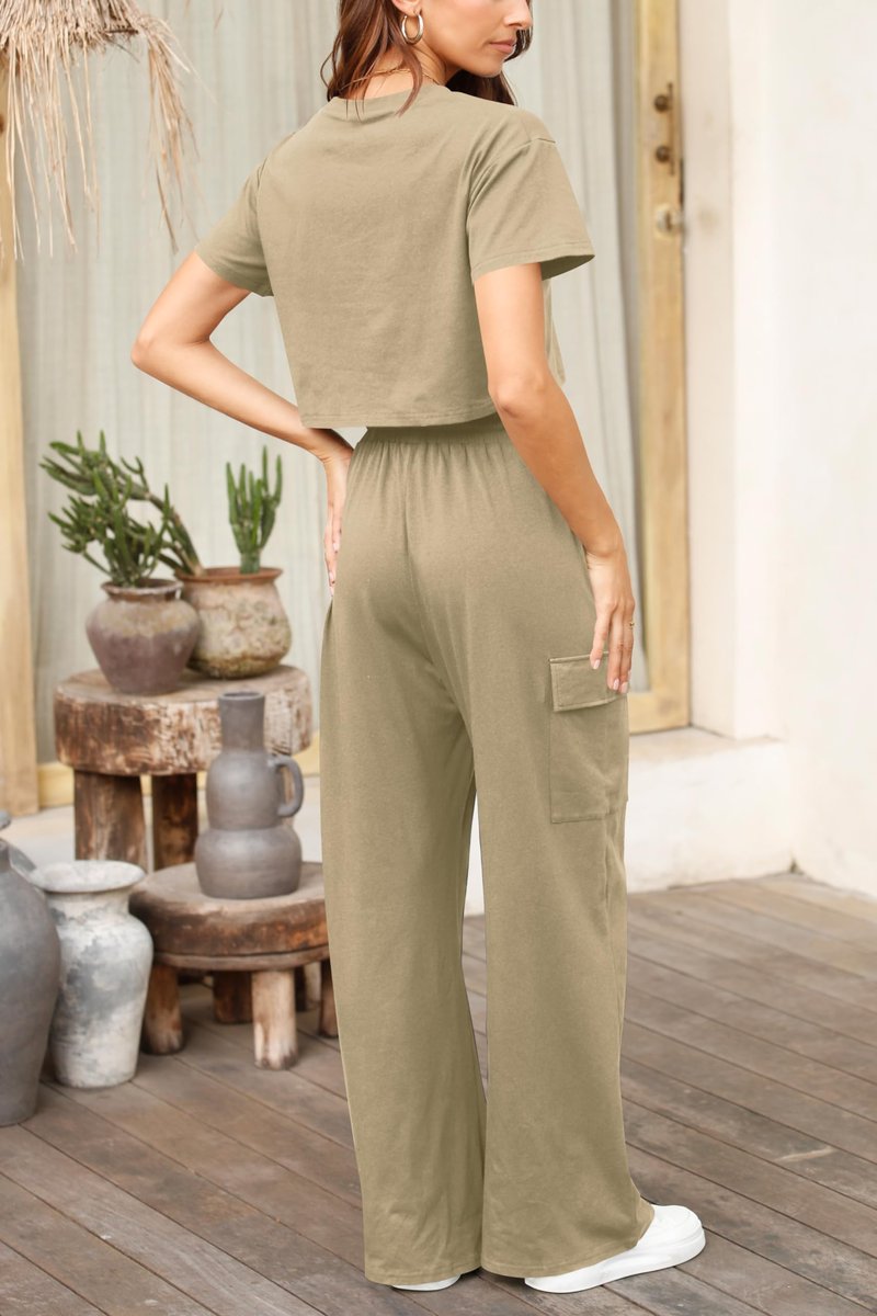 Atizon Women 2 Piece Outfits Summer Short Sleeve Crop Top Elastic Waist Wide Leg Pants Lounge Sets Casual
