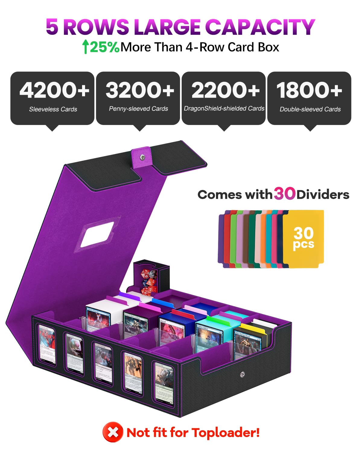 Trading Card Storage Box, 5 Row Card Deck Case with Commander Display & Portable Handle, 4200+ Card Deck Boxes Compatible for MTG TCG Magic Cards, 30 Divider, 8 Supporters, 1 Dice Tray(Black & Purple)