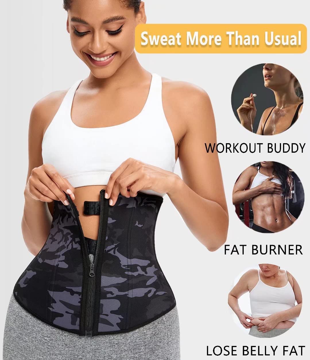 ANGOOL Neopren Waist Trainer For Women,Workout Plus Size Trimmer Belt Sauna Sweat Corset Cincher With Zipper M Camo