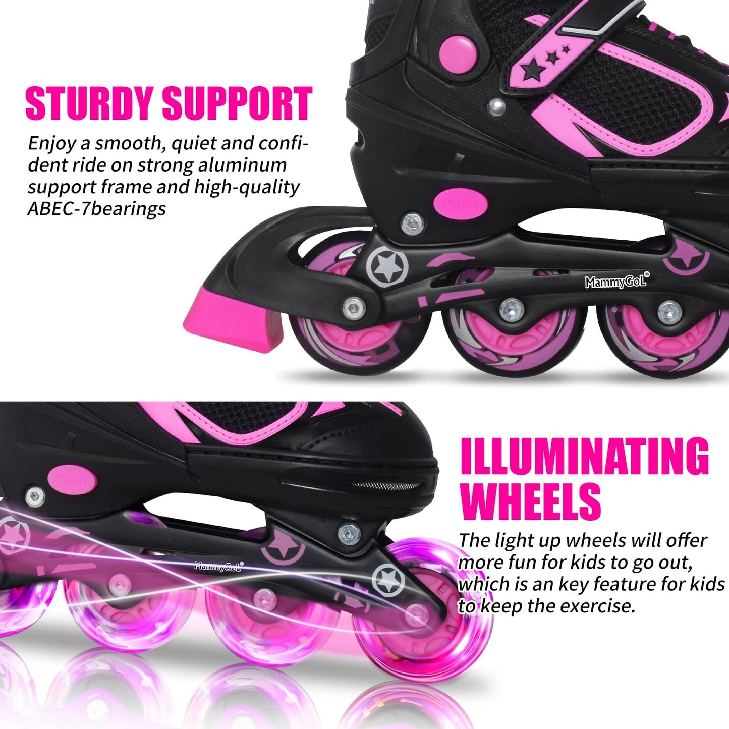 MammyGol Adjustable Inline Skates for Girls Kids Boys Youth with Light up Wheels, Rose Red Beginner Blades Roller Skates for Boys Size 1 2 3 4 Ages 4-12