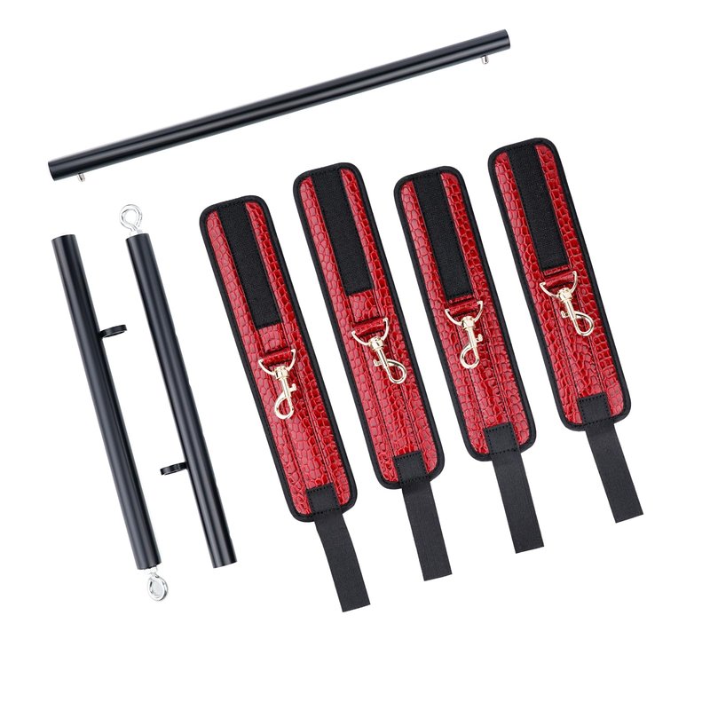Spreader Bar Heavy Duty Stainless Steel Expandable Black Bar Home Gym with 4pcs Furry Crocodile Pattern Red Adjustable Strap,Sports Aid Training Fitness Gear Pilates Aid Kit,Indoor Yoga Set
