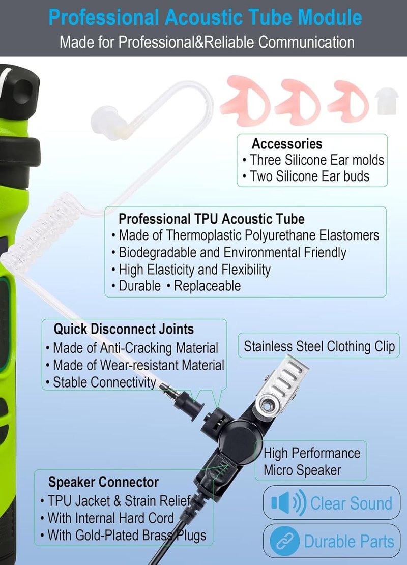 Motorola Walkie Talkie Earpiece - Acoustic Tube Surveillance Headset with PTT/Mic | Compatible with CP200D, CP100D, R2, CP200, CP185, BPR40, CLS1410, CLS1110, RMU2040, RMU2080D