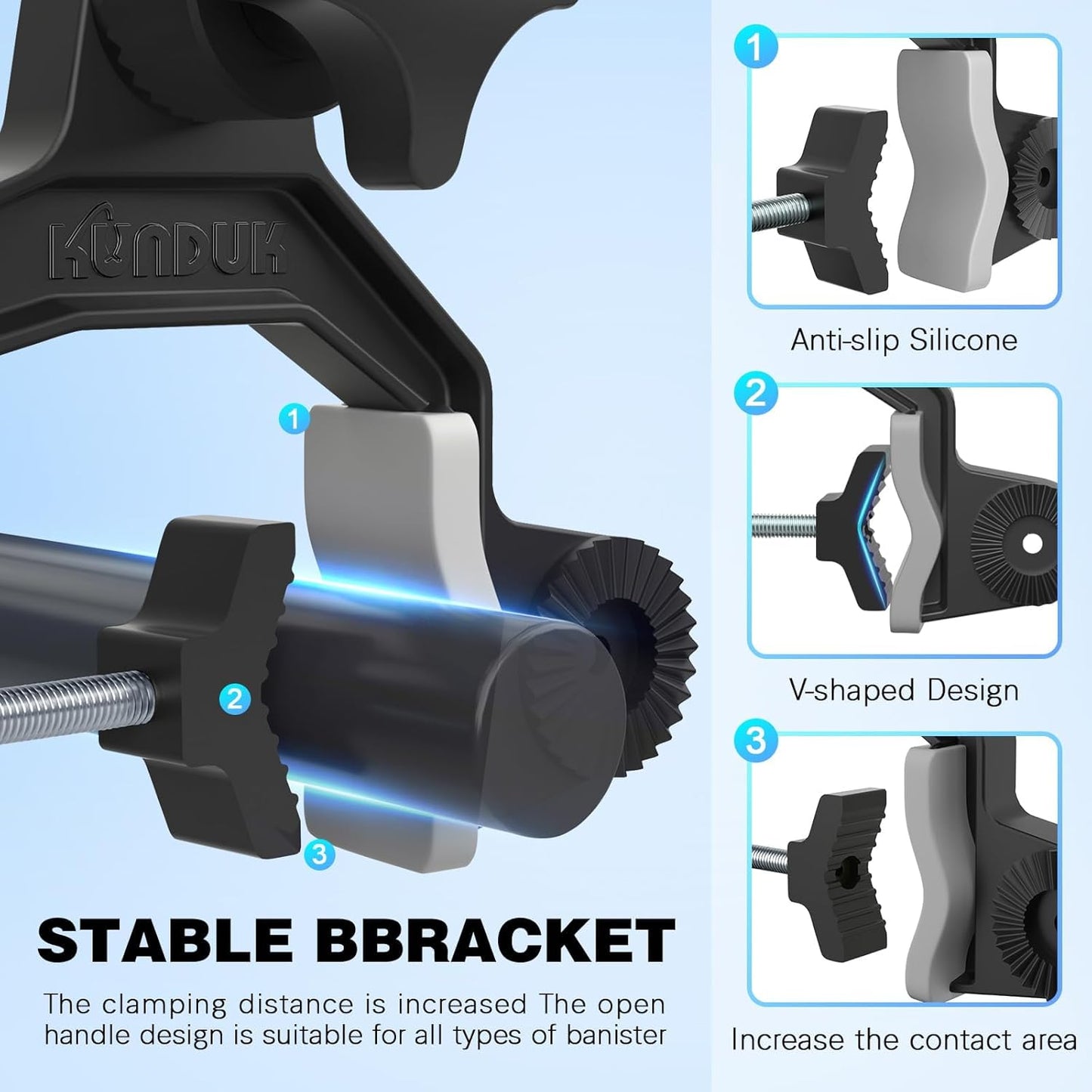 Fishing Rod Holder - 360° Dual Rotation with Button-Lock | Universal Silicone Strap & Enlarged V-Clamp for Round/Square Tubes