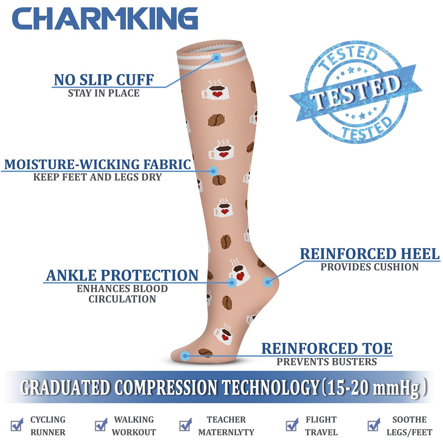 CHARMKING Compression Socks for Women & Men (8 Pairs) 15-20 mmHg Graduated Copper Support Calf Socks are Best for Pregnant, Nurses - Boost Performance, Circulation, Knee High Wide Calf(S/M, Multi 54)