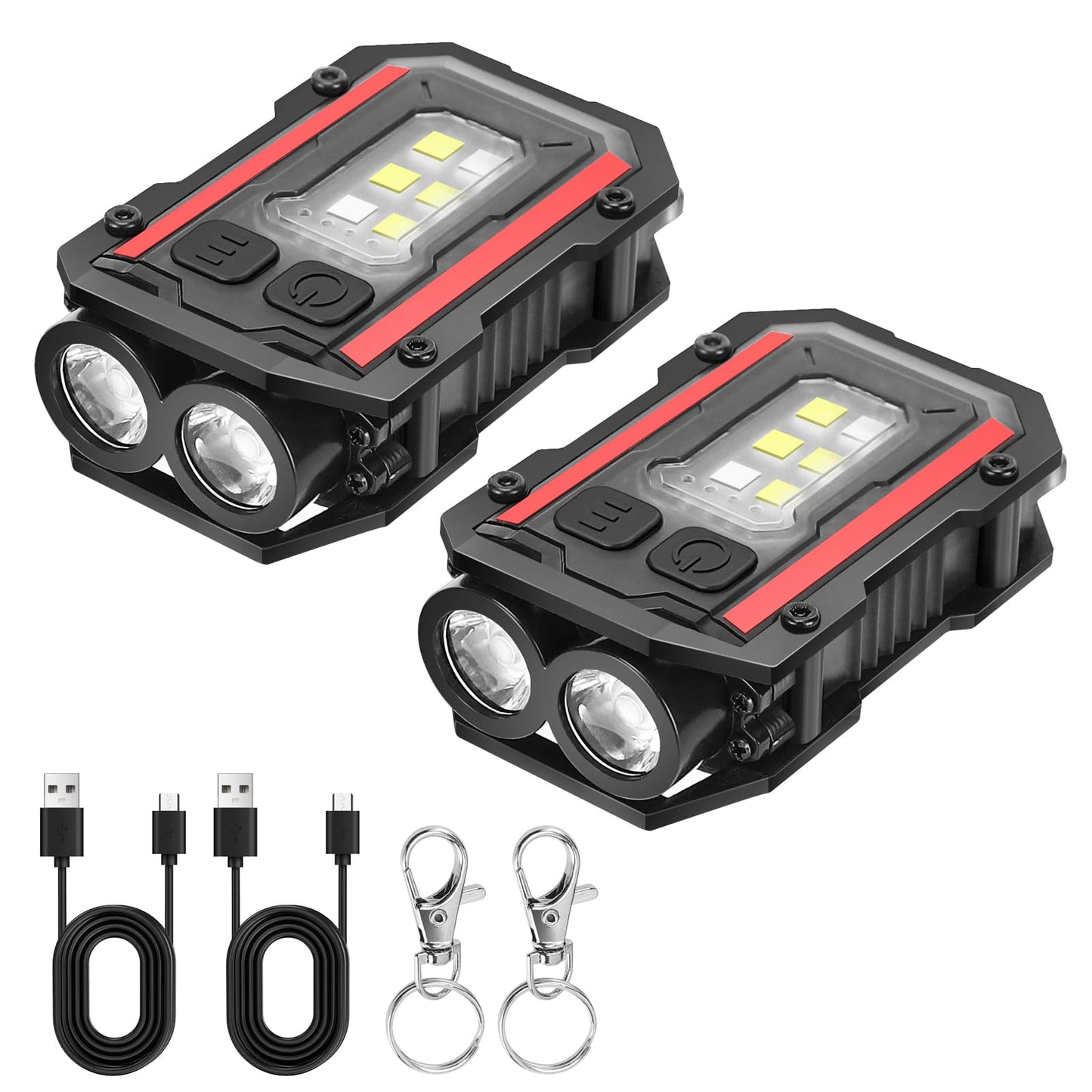 SUNPRO Mini Keychain Flashlight with Clip, 8 Modes Pocket Flash Light, Red Blue COB Side Light, Type-C Rechargeable for Hiking, Camping, Emergency (2, Balck+Black)