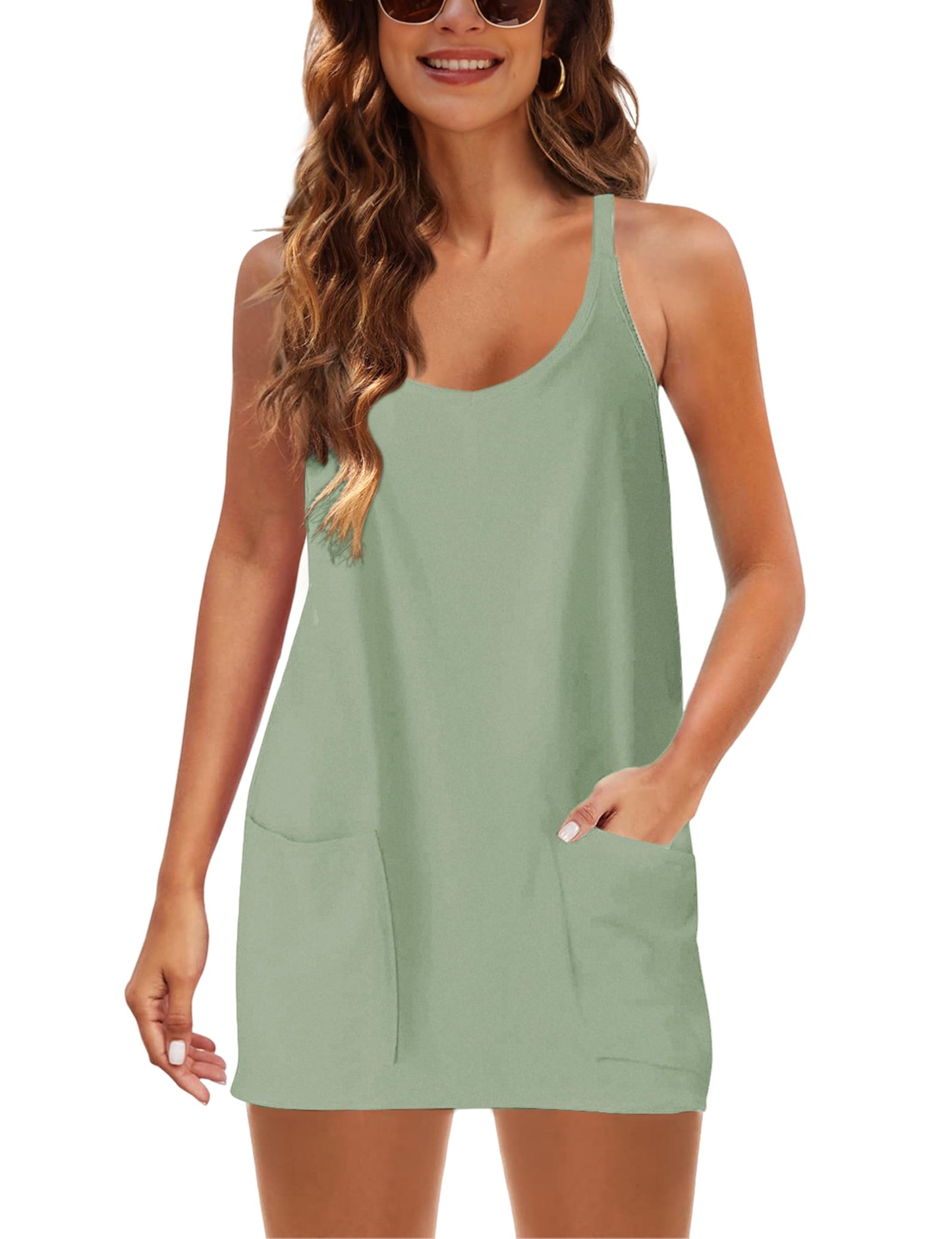 Lentta Womens Athletic Sleeveless Mini Dress with Built-in Shorts V Neck Spaghetti Strap Sundress(PeaGreen-L)