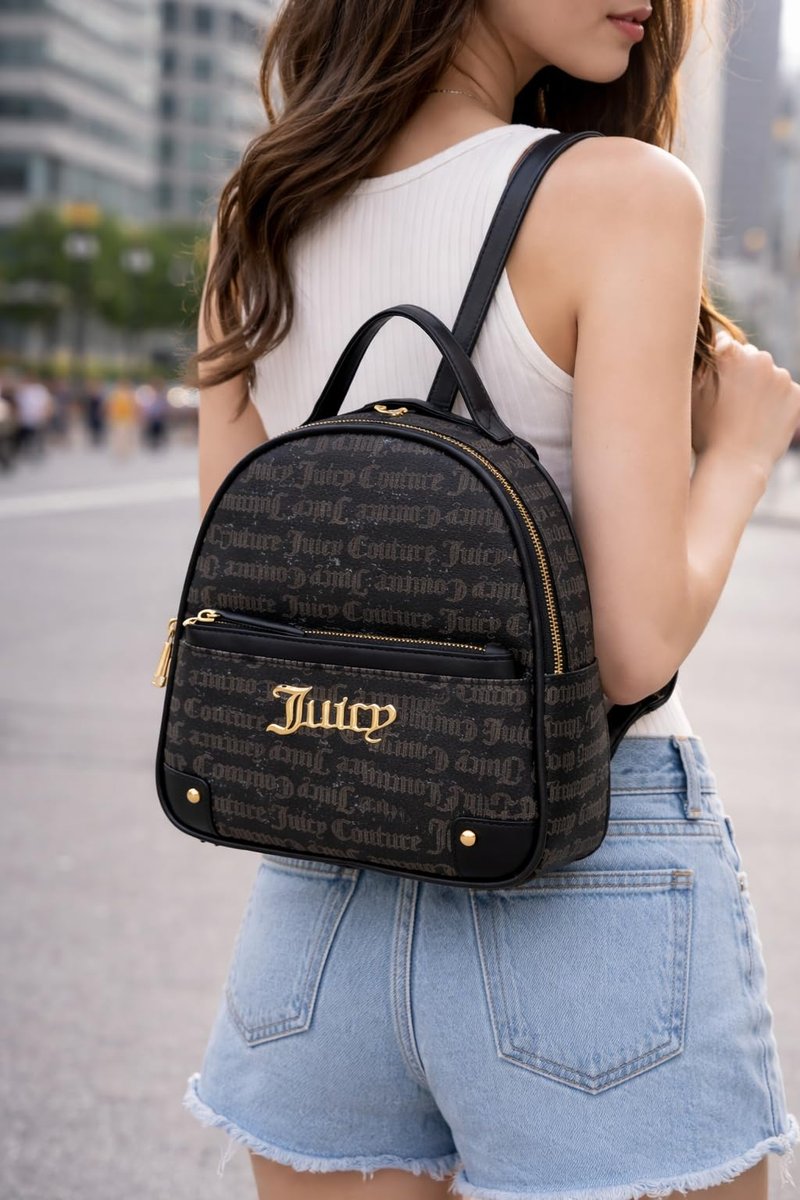 Juicy Couture Women’s Gothic Dots Backpack with Front Pocket & Pullout Pouch, Gold-Tone Logo Hardware (Black/Taupe)