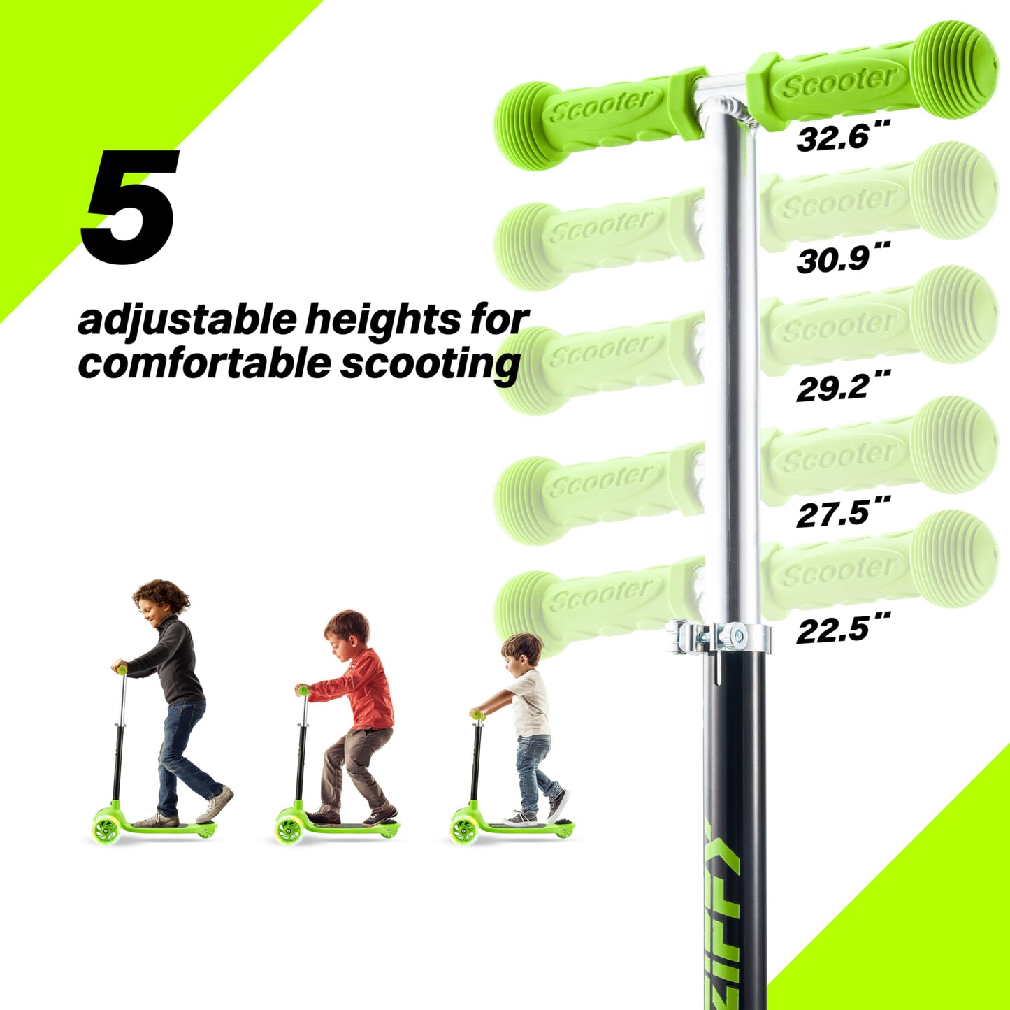JOVA ZIFFY 3 Wheel Scooter for Kids 3-5, Toddler Kick Scooters with LED Light-Up Wheels for Boys and Girls, 5 Adjustable Height and Lean-to-Steer Design, Support up to 110 lbs, Green
