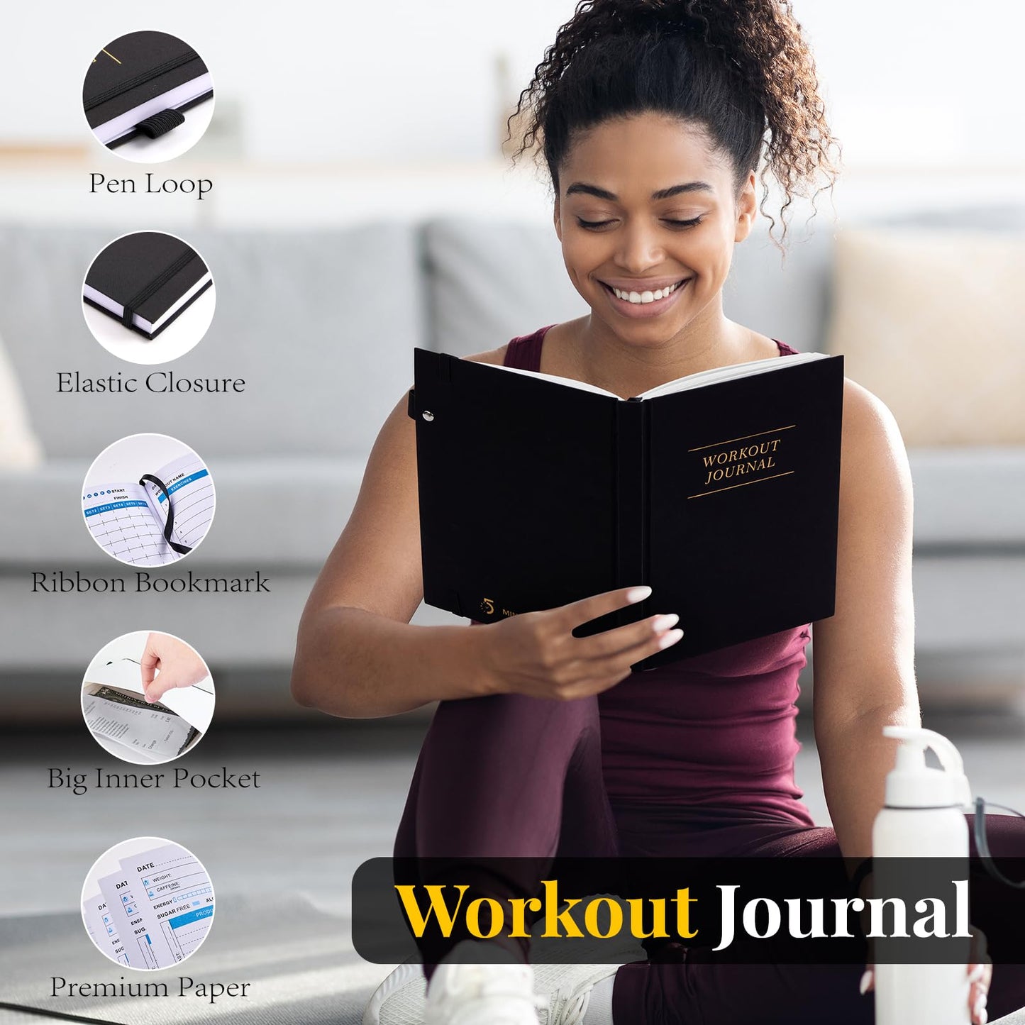 5 MINUTES A DAY Fitness/Workout Journal for Women & Men, Workout Log Book to Track Exercise Progress, 6 Months Running Journal Workout Equipment Home Gym Gift-Black