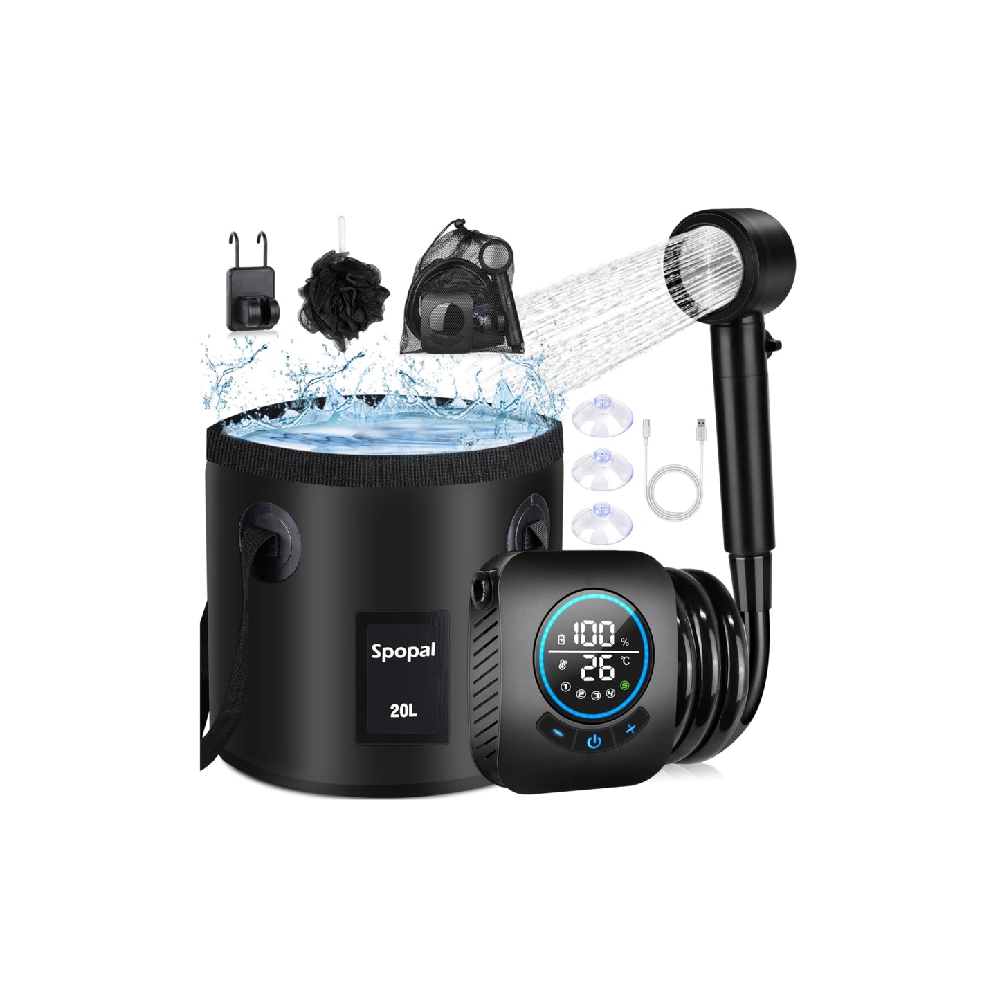 Portable Shower for Camping, [Upgraded] Spopal 8000mAh Rechargeable Camping Shower with 5 Adjustable Speeds, 4 Spray Modes with Collapsible Bucket with Handle 20L for Hiking, Travel, Car, Pet