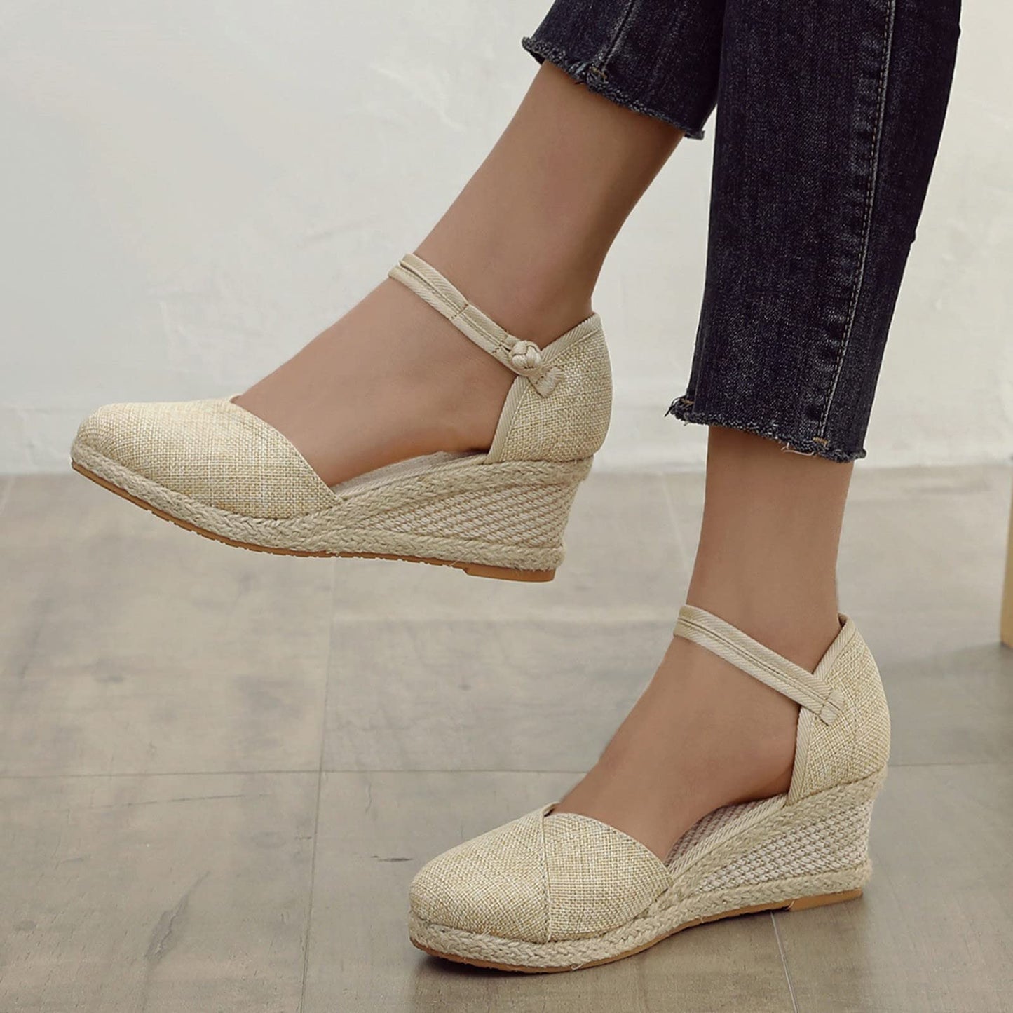 Shengsospp Women's Platform Espadrilles Casual Ankle Strap Wedge Sandals Open Toe Espadrille Wedge Sandals Dress Shoes Open Toe Beach Sandals 04-Beige, 7.5