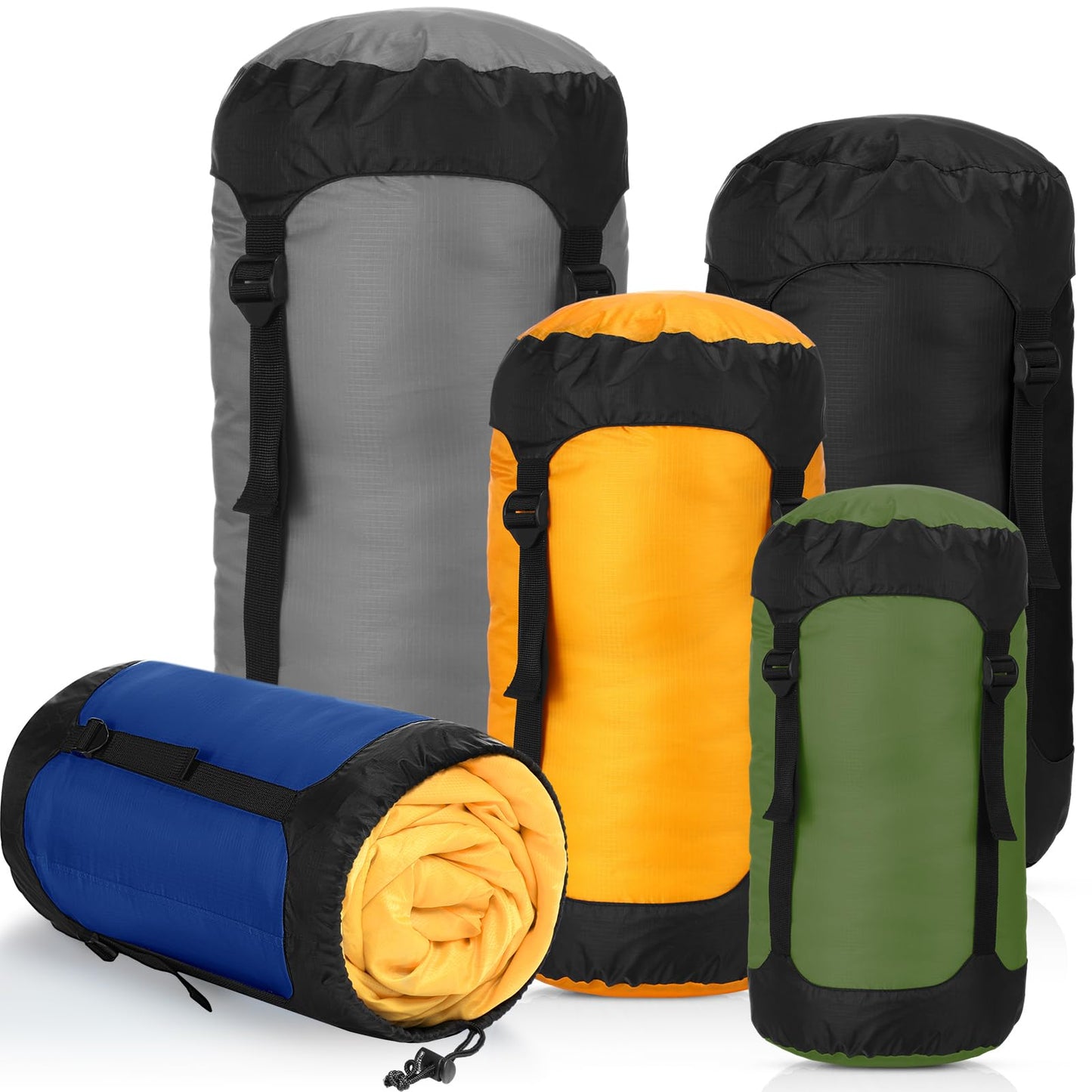 GliCraft 5 Pcs 5L/10L/15L/20L/35L Camping Sleeping Bag Compression Sacks for Backpacking Water Resistant Sleeping Bag Stuff Sack Space Saving Storage Sack for Hiking Gear(Dark Colors)