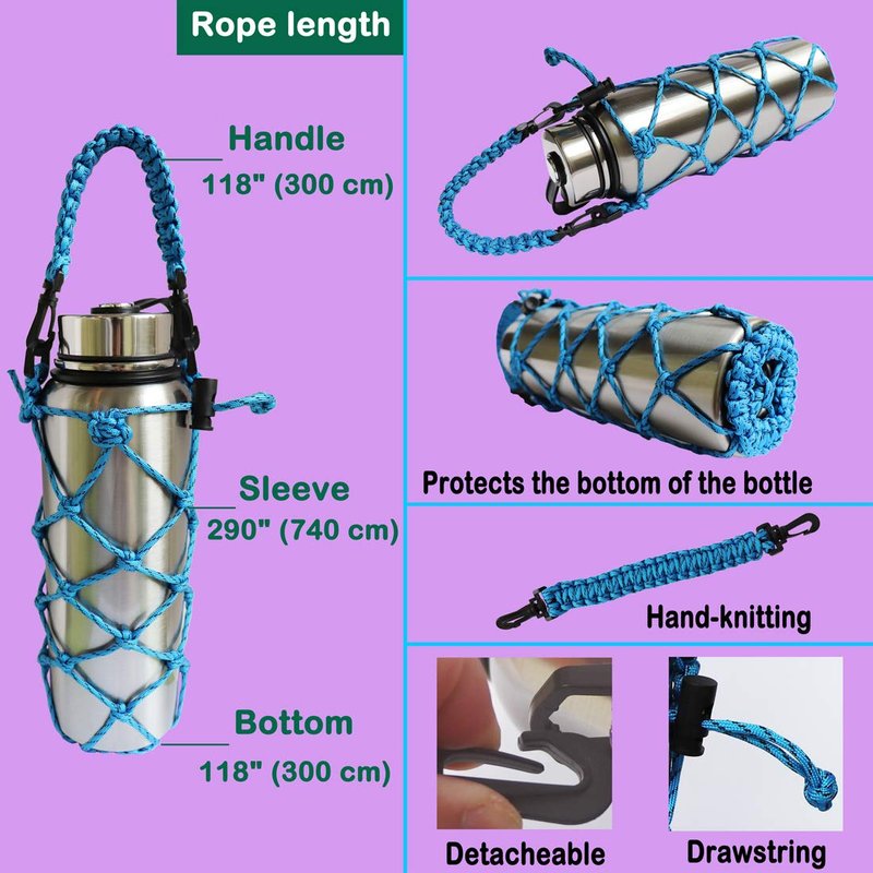 VSPORTS Paracord Water Bottle Trumble Carrier Sleeve Mesh Net Pouch Bag Sling with Handle for Carrying 18 24 32 40 oz Hydro Flask Stainless Steel Plastic Tumbler for Hiking Outdoor Sports - 2 Pack