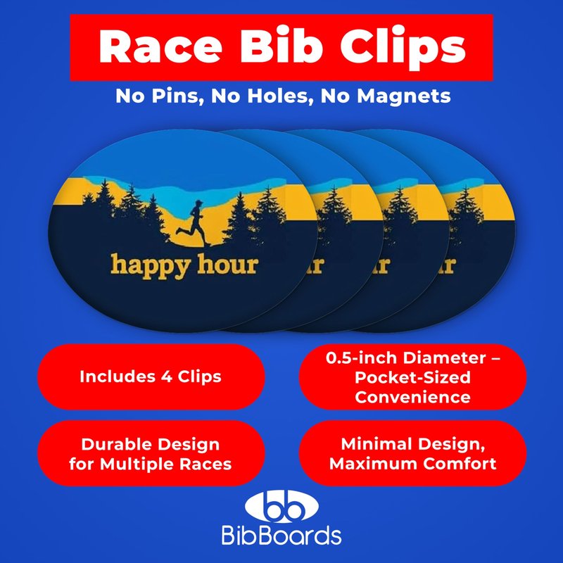 bibSNAPS Race Bib Clips - Safety Lock Fasteners - Secures Running, Marathon, Cycling, and Event Numbers, Non Magnetic, Easy to Use, Soft & Reusable, Replacement for Pins & Magnets - Happy Hour (4pcs)