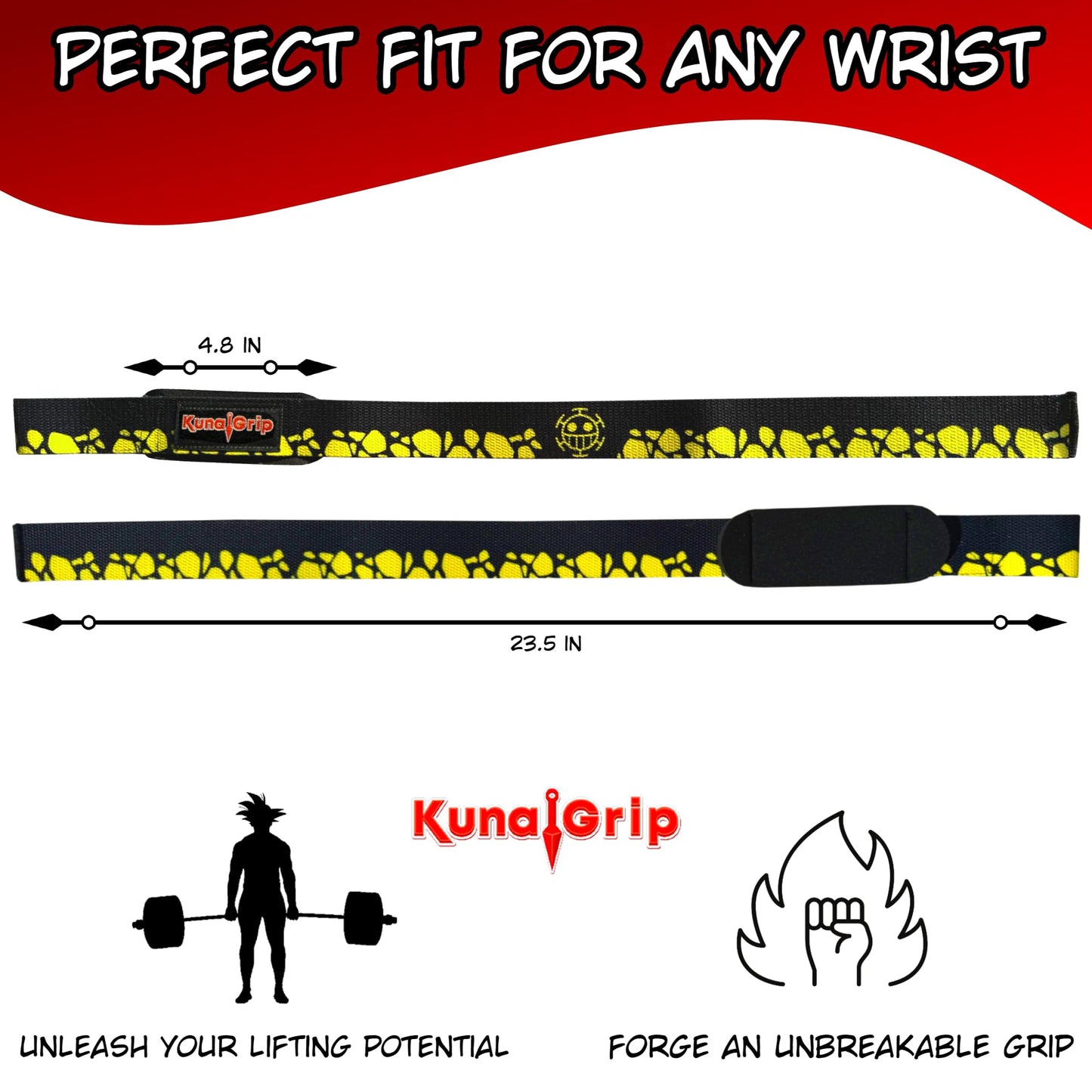 KunaiGrip Anime Lifting Straps - Padded Wrist Straps for Weightlifting, Bodybuilding, Gym Workouts, Powerlifting, Deadlifts & Fitness (Soft Cotton 23.5 inch, 1 Pair) (Law)