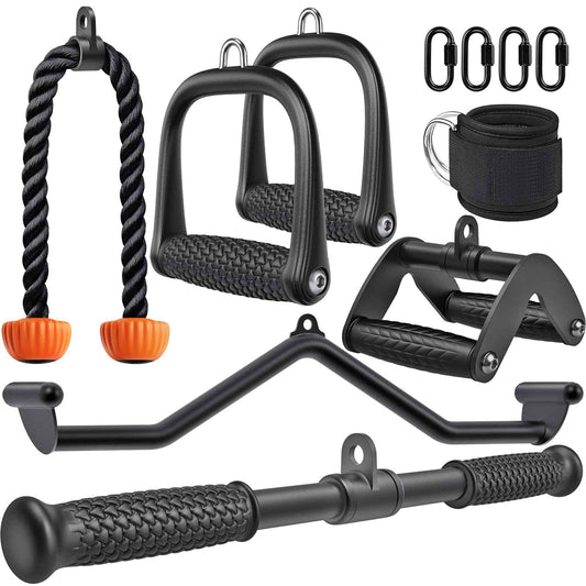 SELEWARE Cable Machine Attachment - Heavy Duty Home Gym Accessories Including 36" Tricep Rope, 32" LAT Pulldown Bars, 18" LAT Pulldown Straight Bar, Ankle Strap, 2 D Handles, and Double D Handle