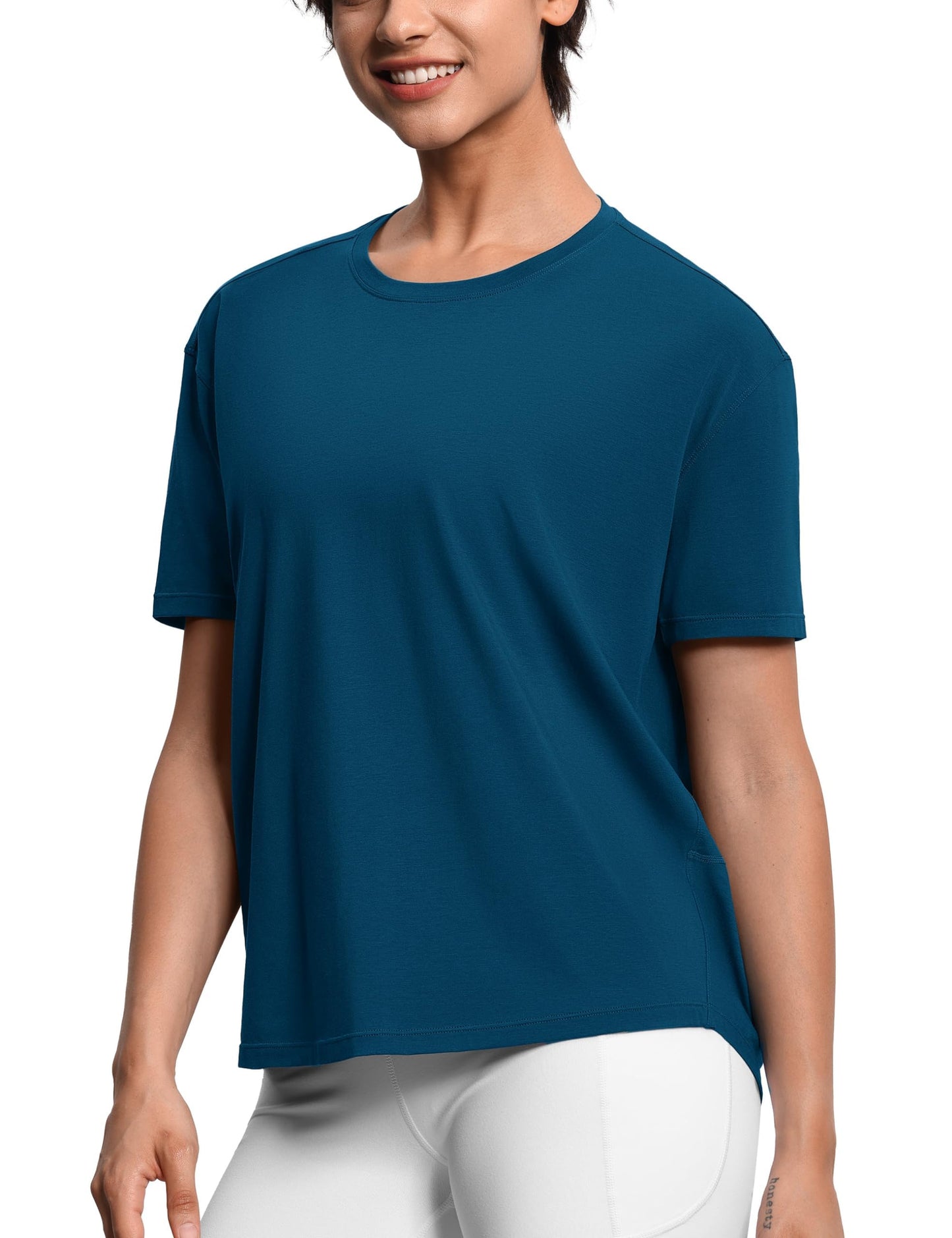 THE GYM PEOPLE Women's Short Sleeve Workout T-Shirts Back Loose Fit Running Yoga Tee Tops Dark Blue Green