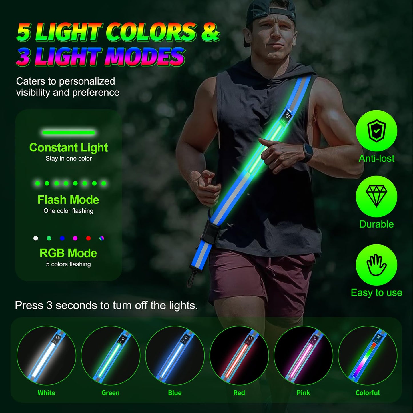 Bighaki808 LED Running Gear High Visibility Reflective Belt Sash, Adjustable Night Walking Safety Gear, Rechargeable Light Up Running Reflective Belt for Runners Walkers Men Women(Blue)