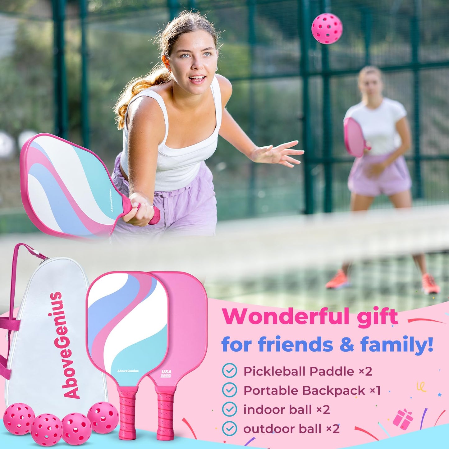 AboveGenius Pink Pickleball Paddles Set of 2,USAPA Standard Fiberglass Pickle ball Set with 2 Cute Lightweight Pickleball Rackets,2 Indoor&2 Outdoor Balls,1 Carrying Bag,Sport Gift for Women, Beginner