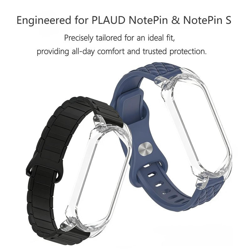 Magnetic & Pin Buckle Silicone Wristband with PC Case, Compatible with Plaud NotePin/NotePin S AI Voice Recorder, Adjustable Replacement Strap, 2 Styles Business Casual Design, 2‑Pack