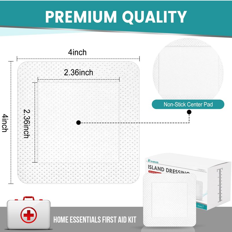 150 Count Island Dressing Bordered Gauze 4" x 4", Gauze Pads Individually Wrapped, Non-Stick Pad in Center with Adhesive Border, Bandages for Wounds, First Aid