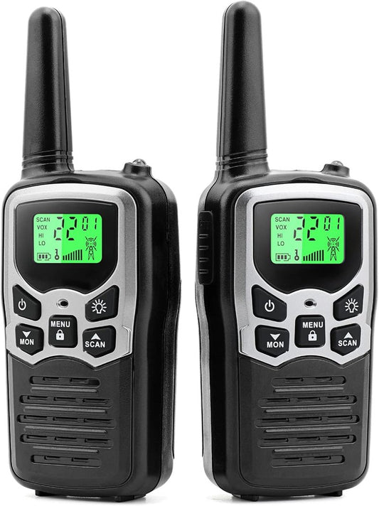 MOICO Long Range Walkie Talkies - Two-Way Radios with 22 Channels, LCD Display & LED Flashlight | Perfect for Camping & Hiking (2 Pack, Silver)